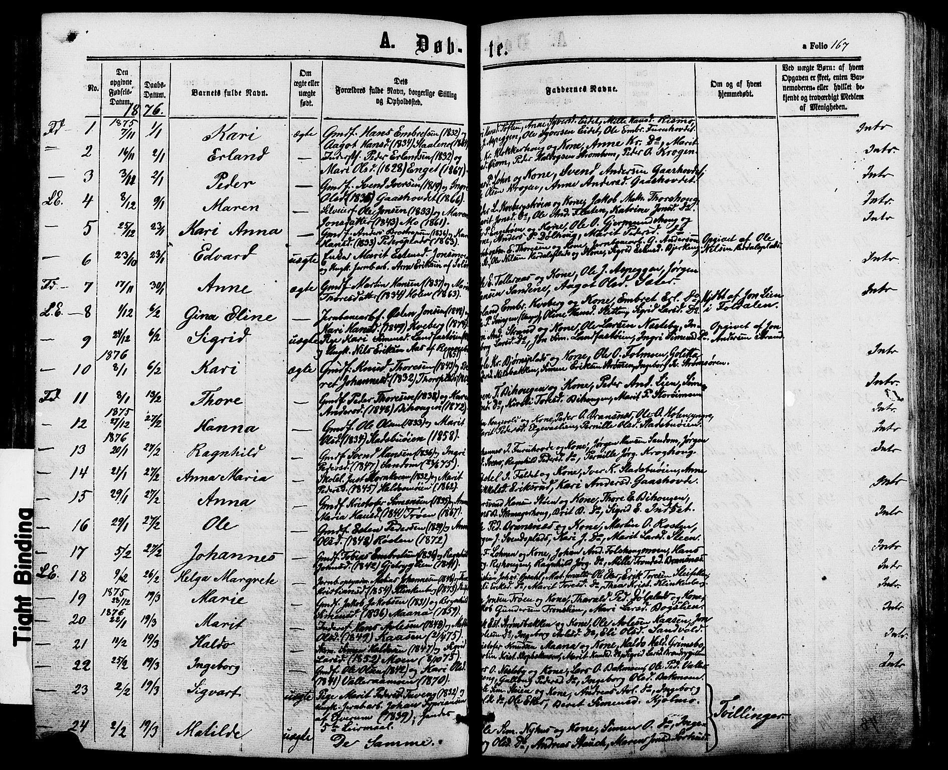 Alvdal prestekontor, SAH/PREST-060/H/Ha/Haa/L0001: Parish register (official) no. 1, 1863-1882, p. 167