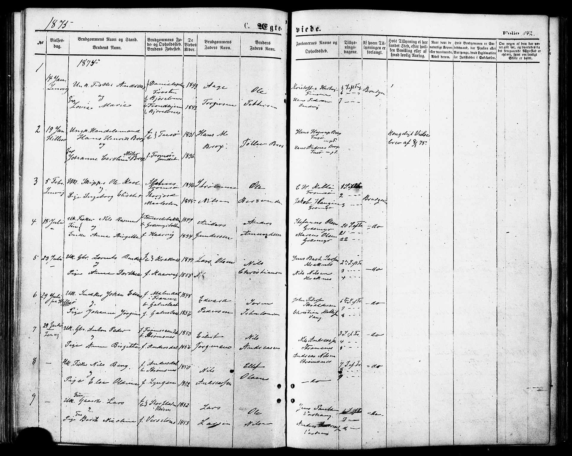 Lenvik sokneprestembete, SATØ/S-1310/H/Ha/Haa/L0010kirke: Parish register (official) no. 10, 1873-1880, p. 142