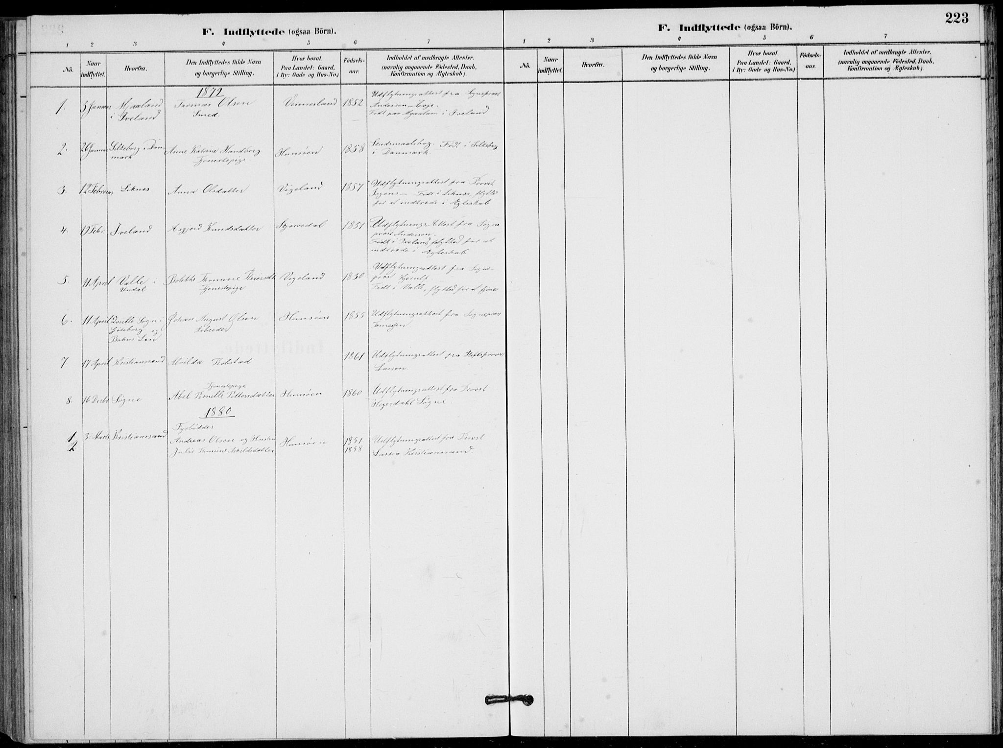 Vennesla sokneprestkontor, AV/SAK-1111-0045/Fb/Fbb/L0003: Parish register (copy) no. B 3, 1879-1893, p. 223