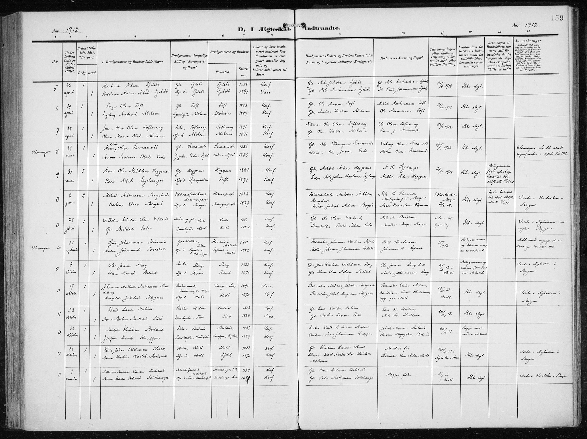 Herdla Sokneprestembete, AV/SAB-A-75701/H/Haa: Parish register (official) no. A 5, 1905-1918, p. 159