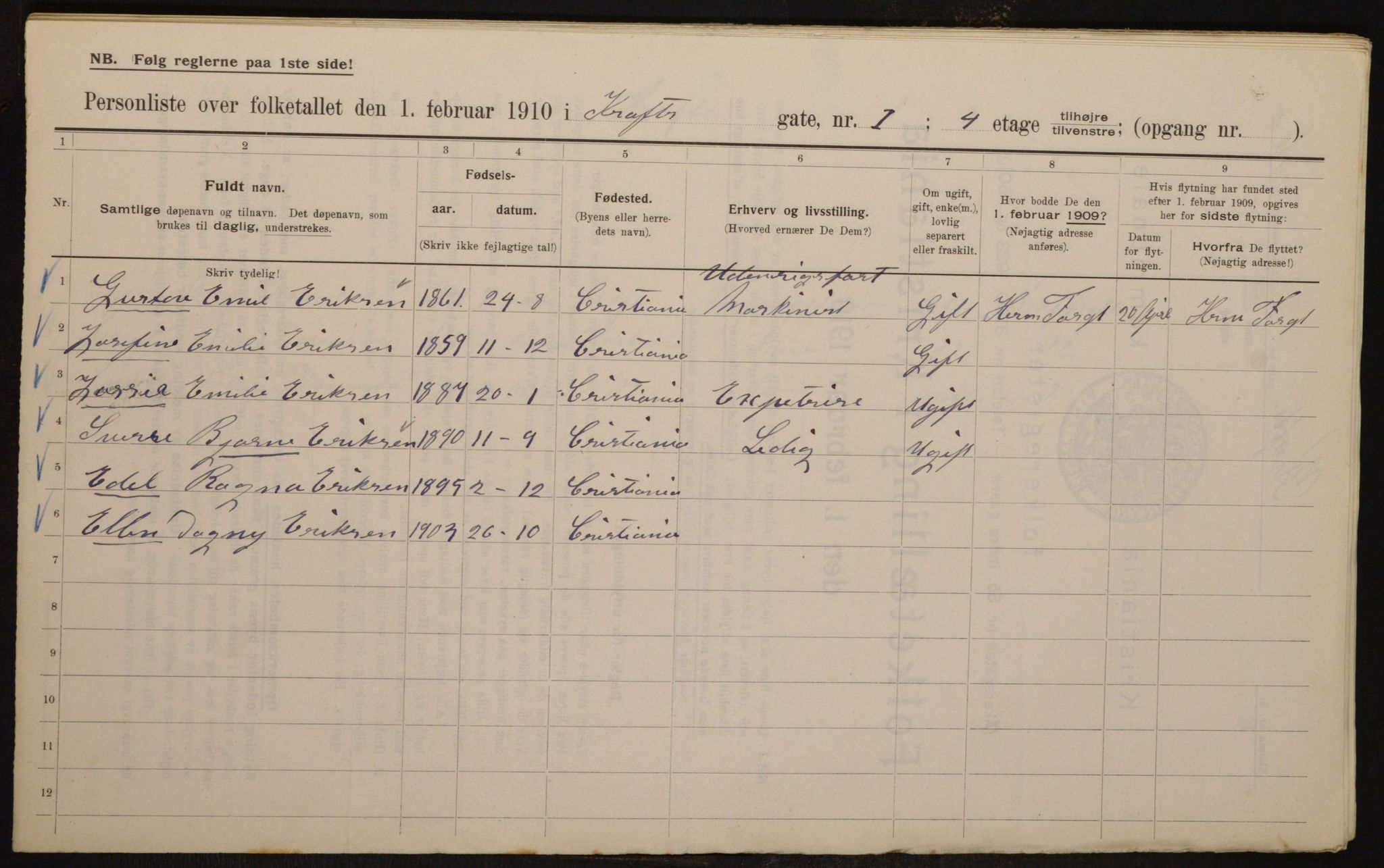 OBA, Municipal Census 1910 for Kristiania, 1910, p. 52315