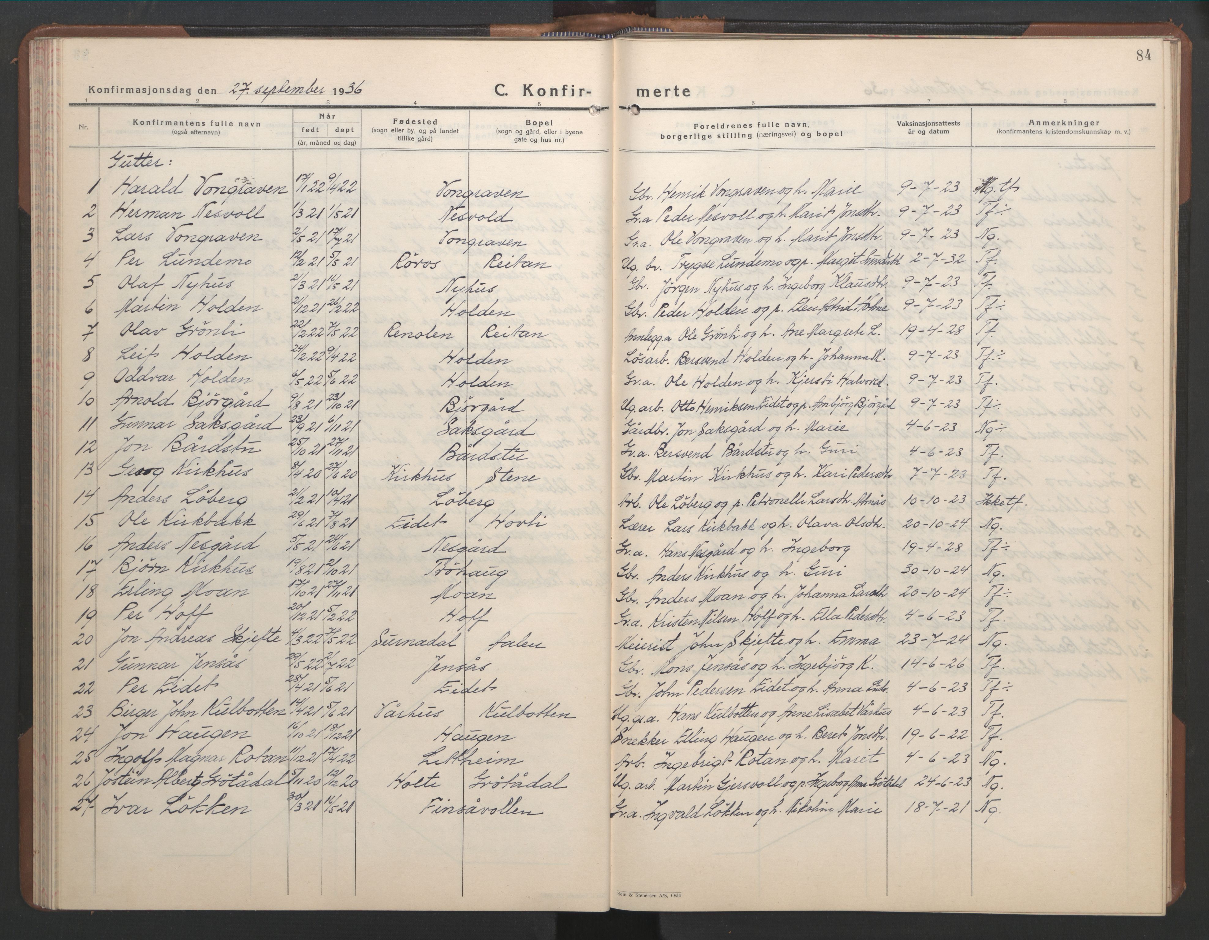 Ministerialprotokoller, klokkerbøker og fødselsregistre - Sør-Trøndelag, SAT/A-1456/686/L0986: Parish register (copy) no. 686C02, 1933-1950, p. 84
