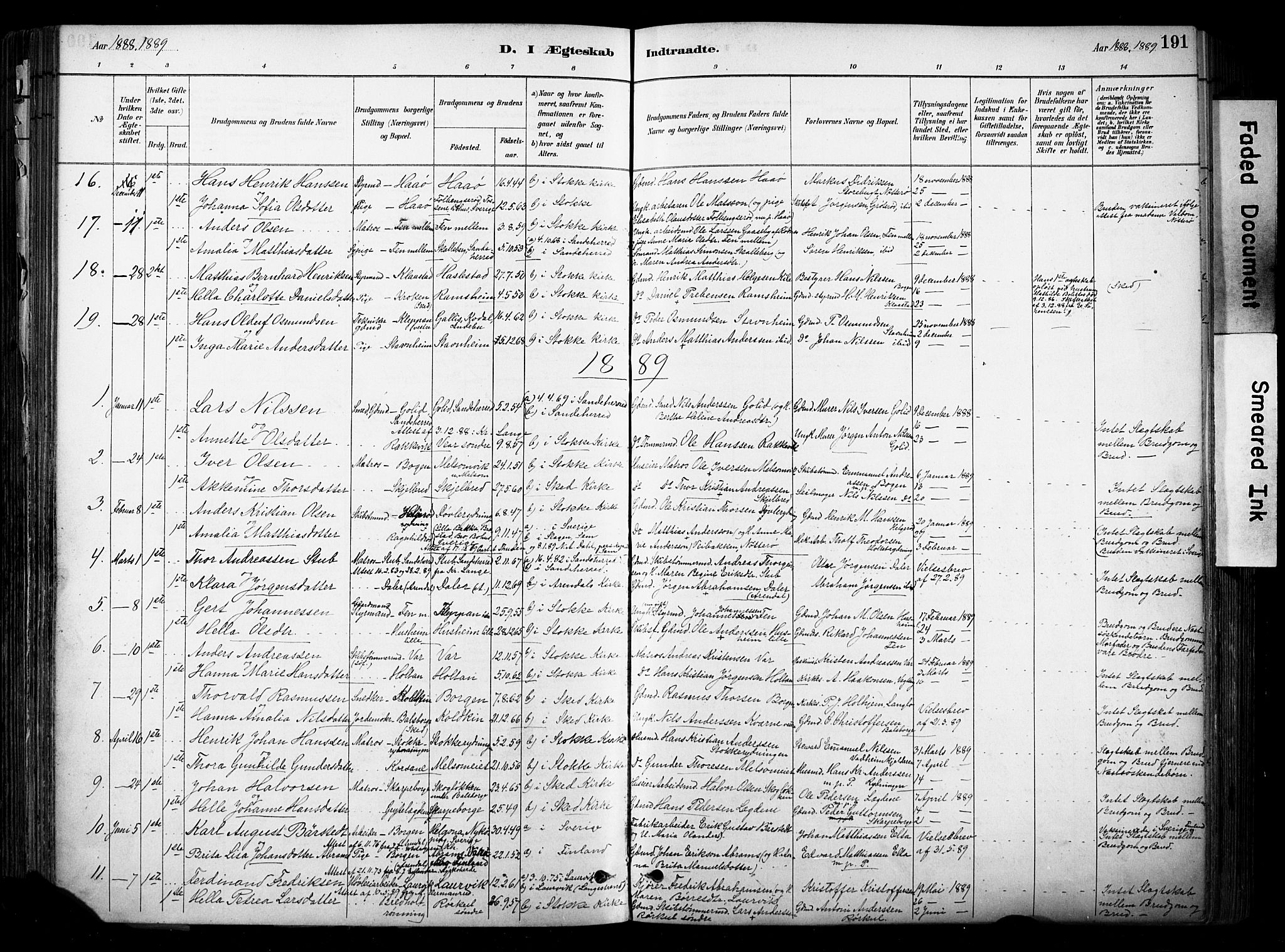 Stokke kirkebøker, SAKO/A-320/F/Fa/L0010: Parish register (official) no. I 10, 1884-1903, p. 191