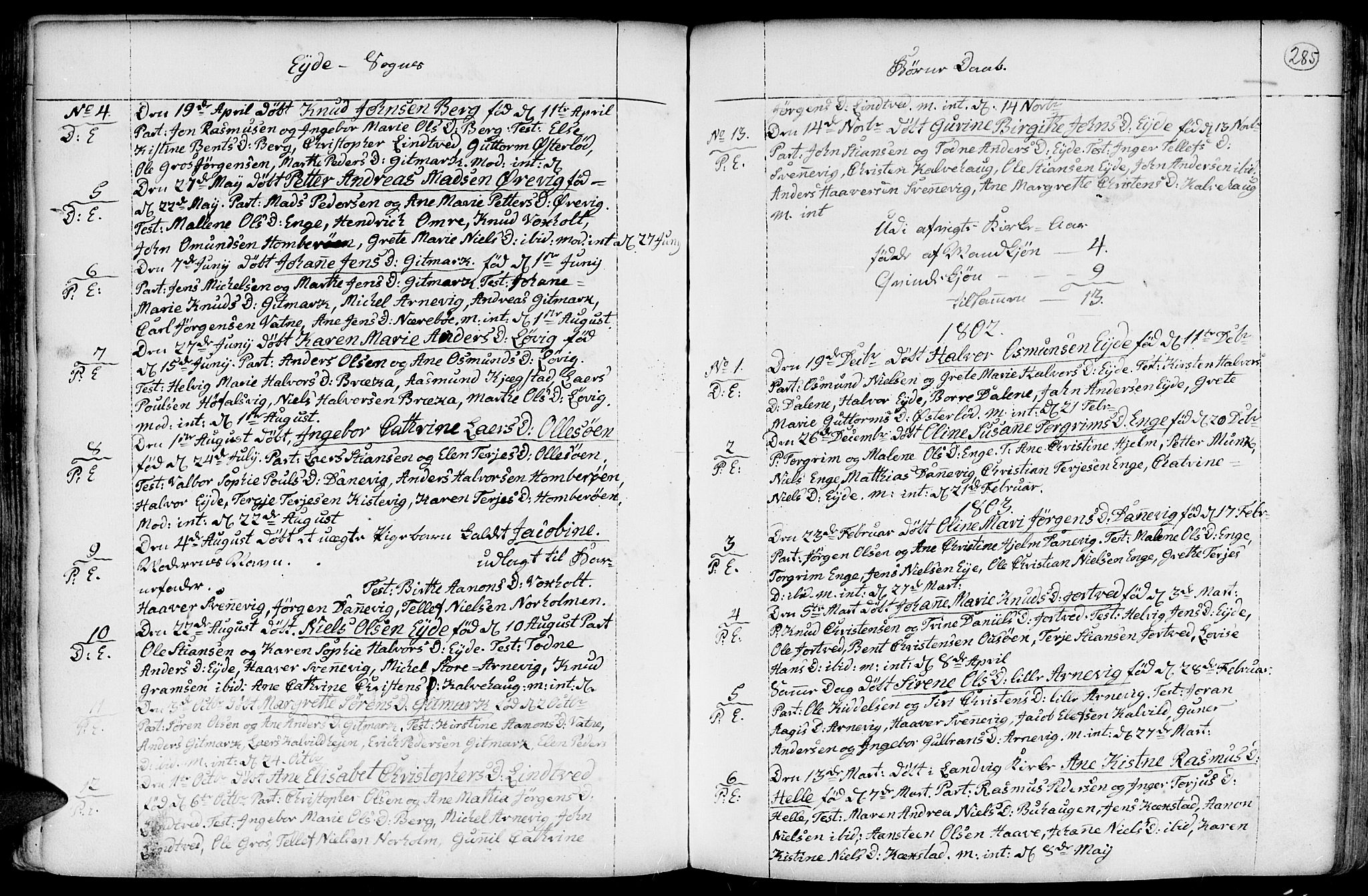 Hommedal sokneprestkontor, SAK/1111-0023/F/Fa/Fab/L0002: Parish register (official) no. A 2 /2, 1740-1823, p. 285