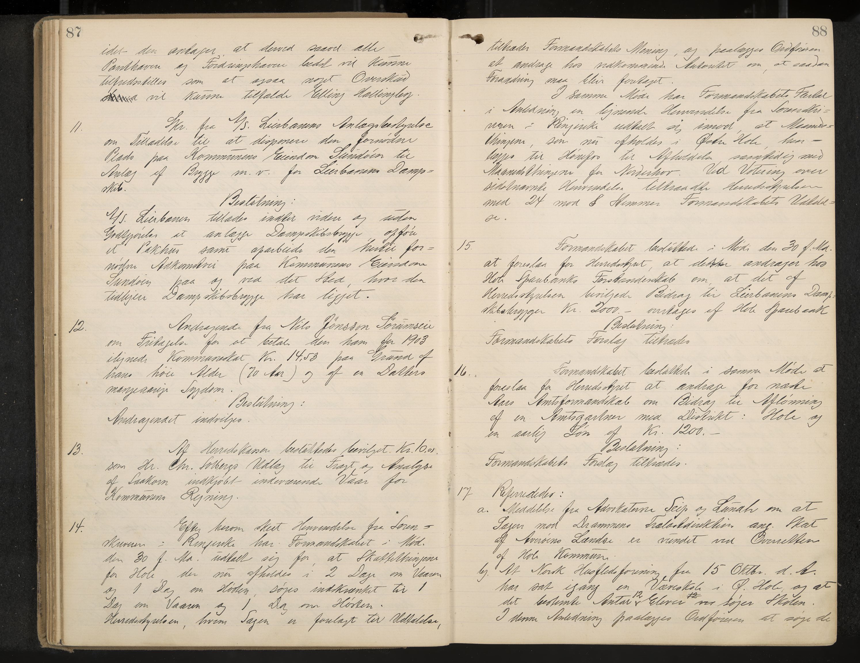 Hole formannskap og sentraladministrasjon, IKAK/0612021-1/A/Aa/L0004: Møtebok med register, 1902-1910, p. 87-88