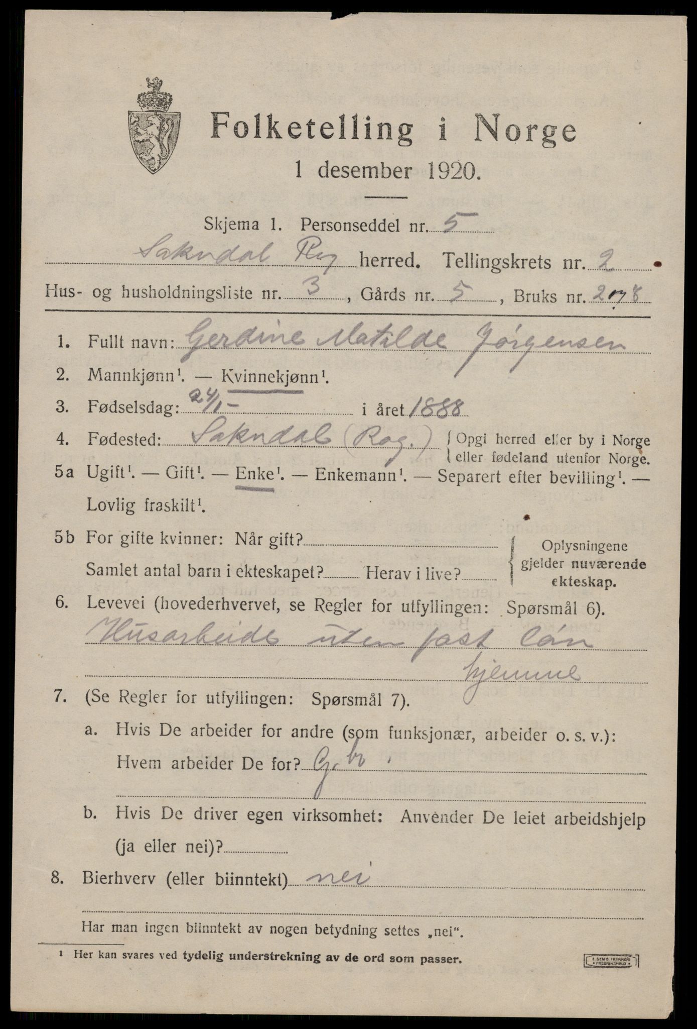 SAST, 1920 census for Sokndal, 1920, p. 1723