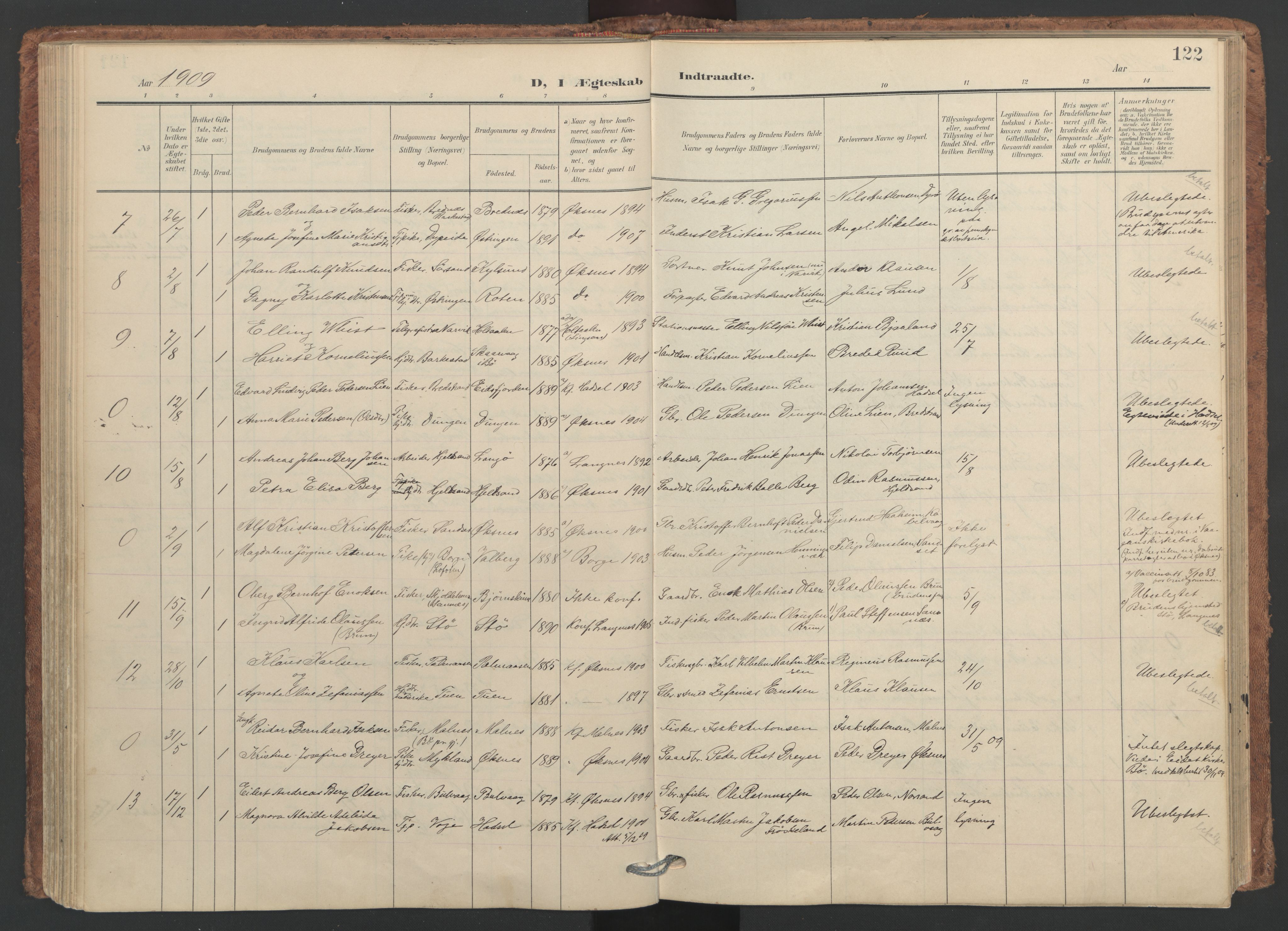 Ministerialprotokoller, klokkerbøker og fødselsregistre - Nordland, AV/SAT-A-1459/893/L1339: Parish register (official) no. 893A11, 1904-1914, p. 122
