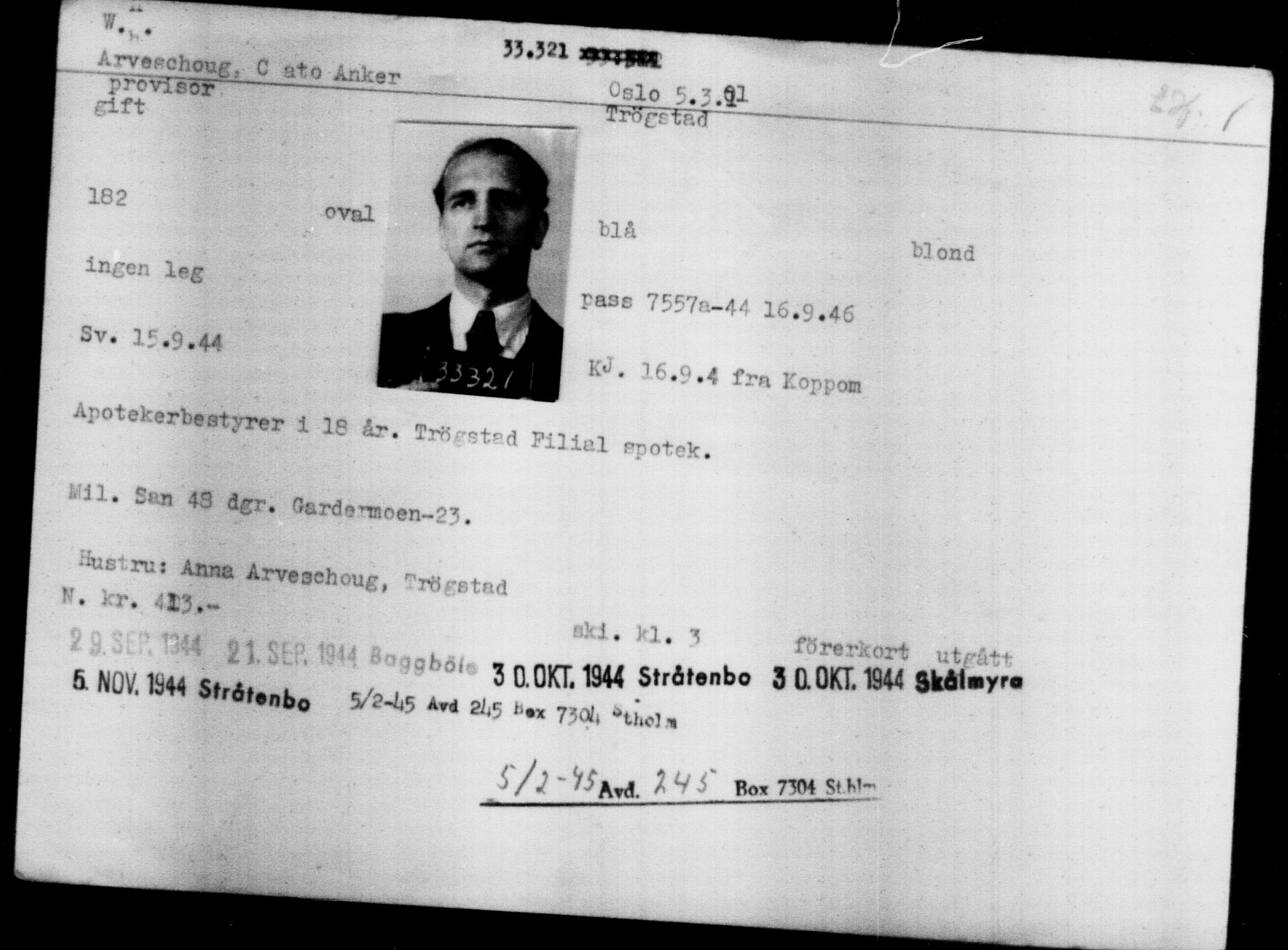 Utenriksstasjonene, Legasjonen i Stockholm, Flyktningkontoret, AV/RA-S-6753/V/Va/L0013: Kjesäterkartoteket, flyktninger med registreringsnr. 31500-34731, 1940-1945, p. 1914