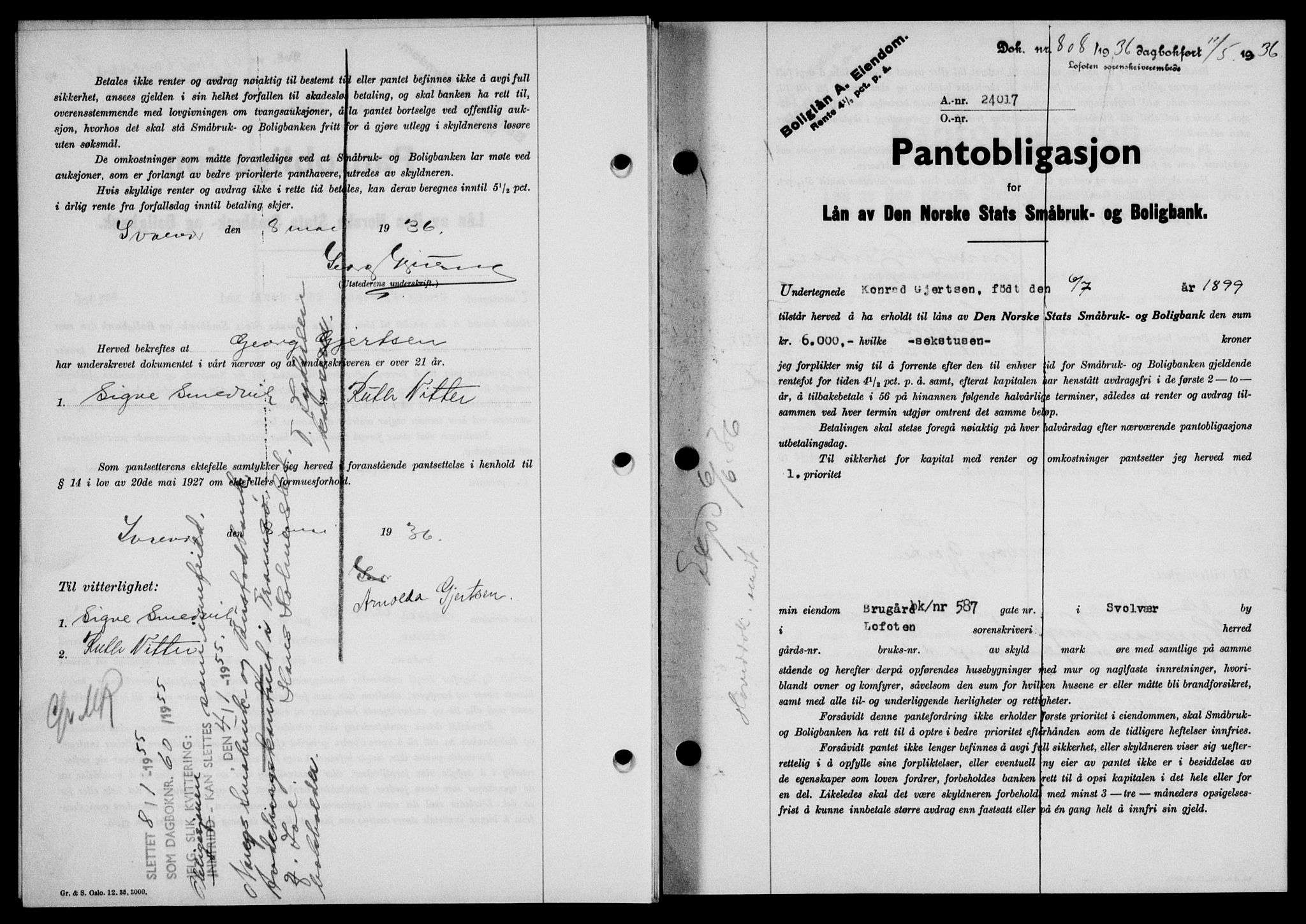 Lofoten sorenskriveri, SAT/A-0017/1/2/2C/L0033b: Mortgage book no. 33b, 1936-1936, Diary no: : 808/1936