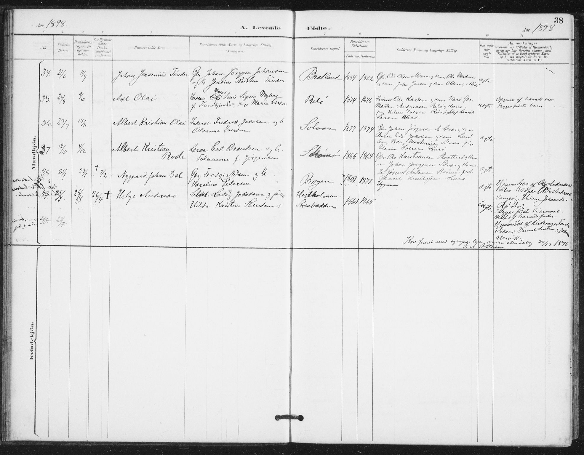 Ministerialprotokoller, klokkerbøker og fødselsregistre - Nordland, AV/SAT-A-1459/839/L0573: Parish register (copy) no. 839C03, 1892-1917, p. 38