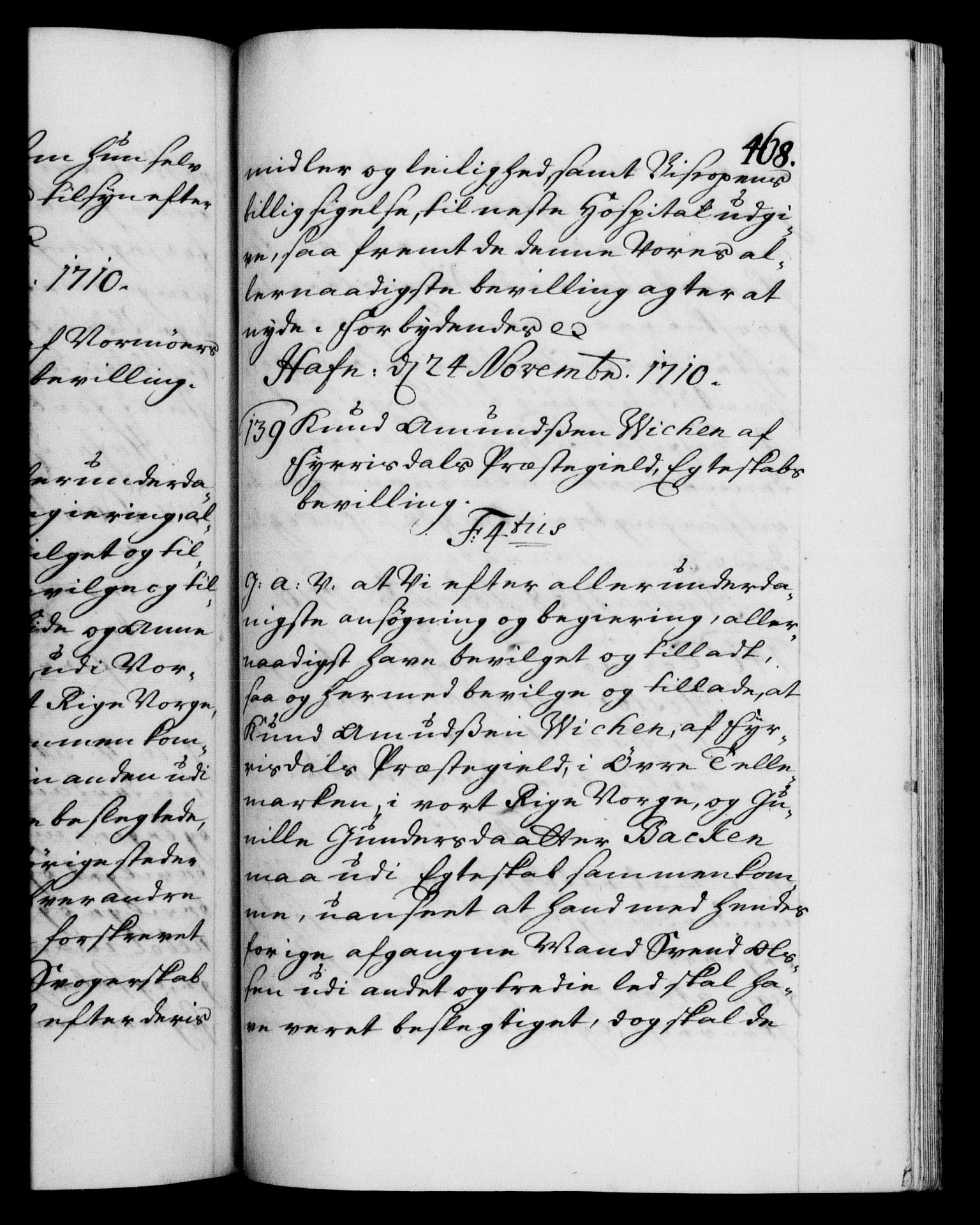 Danske Kanselli 1572-1799, AV/RA-EA-3023/F/Fc/Fca/Fcaa/L0020: Norske registre, 1708-1711, p. 468a