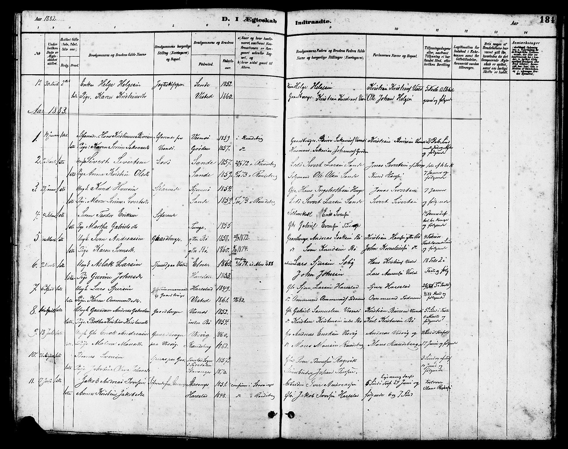 Hetland sokneprestkontor, SAST/A-101826/30/30BB/L0006: Parish register (copy) no. B 6, 1878-1921, p. 184