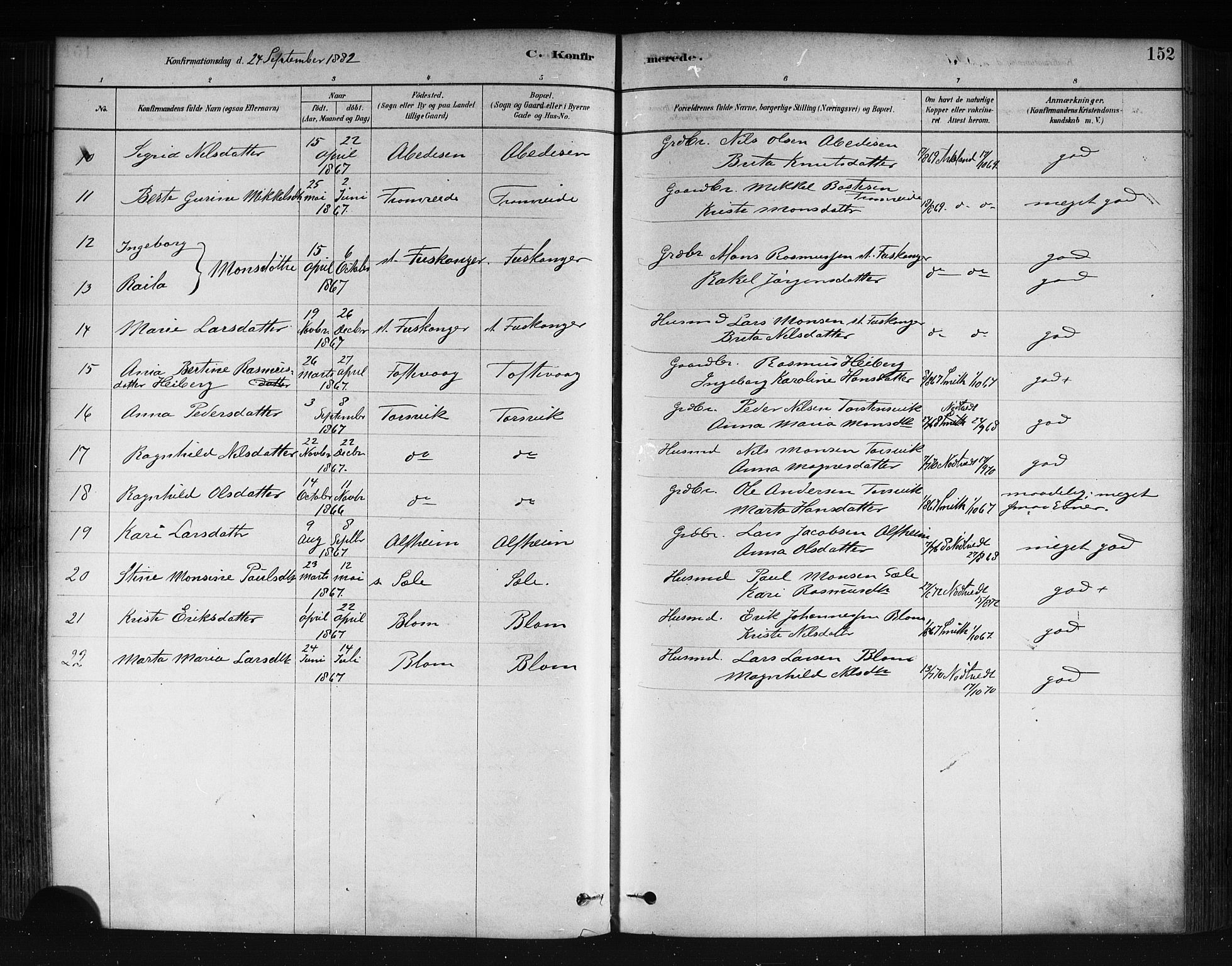 Herdla Sokneprestembete, AV/SAB-A-75701/H/Haa: Parish register (official) no. A 3, 1878-1890, p. 152