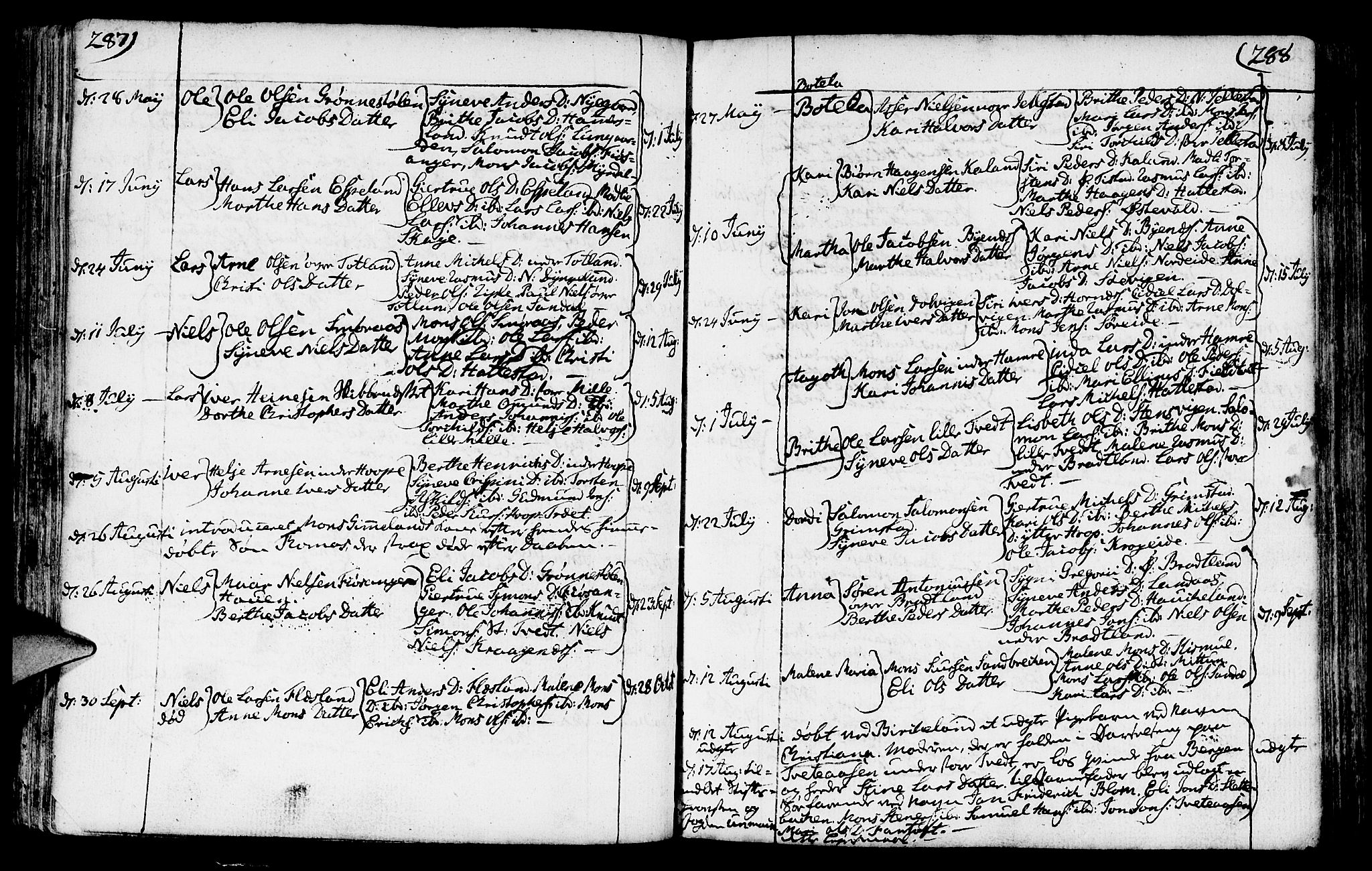 Fana Sokneprestembete, AV/SAB-A-75101/H/Haa/Haaa/L0005: Parish register (official) no. A 5, 1773-1799, p. 287-288