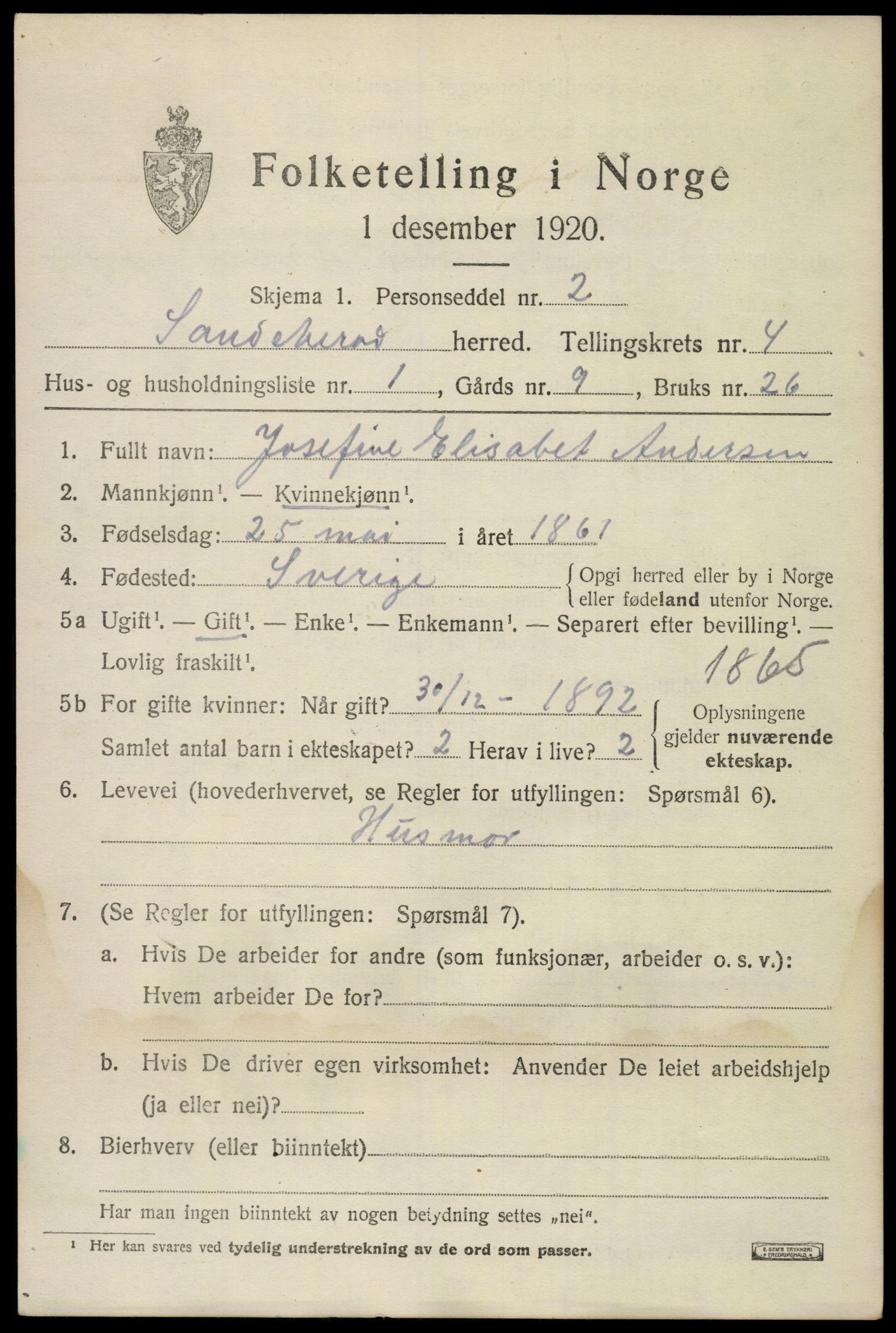 SAKO, 1920 census for Sandeherred, 1920, p. 6660