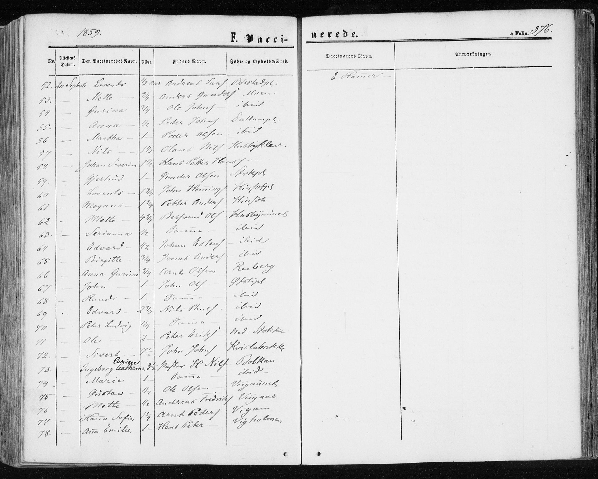 Ministerialprotokoller, klokkerbøker og fødselsregistre - Nord-Trøndelag, AV/SAT-A-1458/709/L0075: Parish register (official) no. 709A15, 1859-1870, p. 376