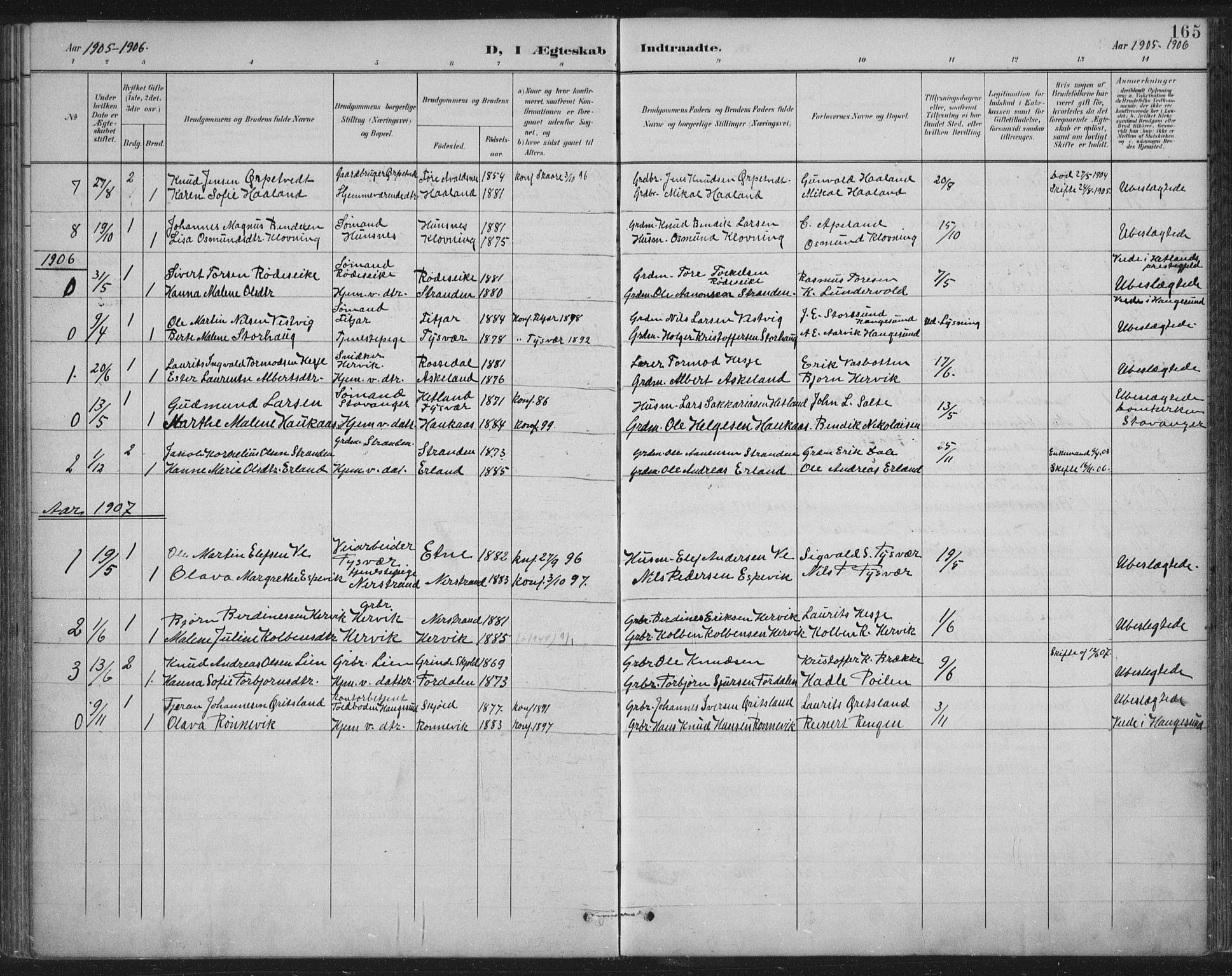 Tysvær sokneprestkontor, SAST/A -101864/H/Ha/Haa/L0008: Parish register (official) no. A 8, 1897-1918, p. 165