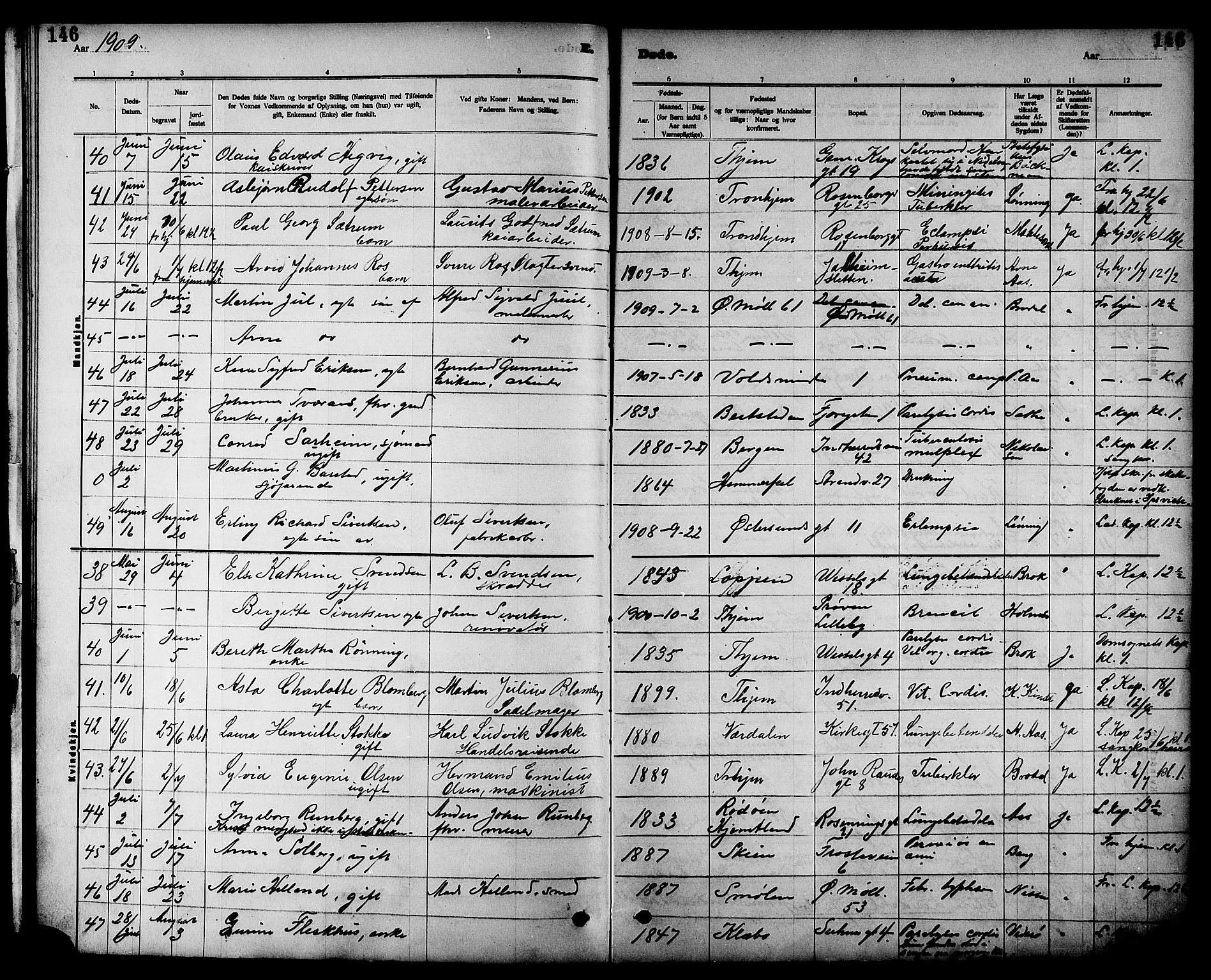 Ministerialprotokoller, klokkerbøker og fødselsregistre - Sør-Trøndelag, AV/SAT-A-1456/605/L0255: Parish register (copy) no. 605C02, 1908-1918, p. 146