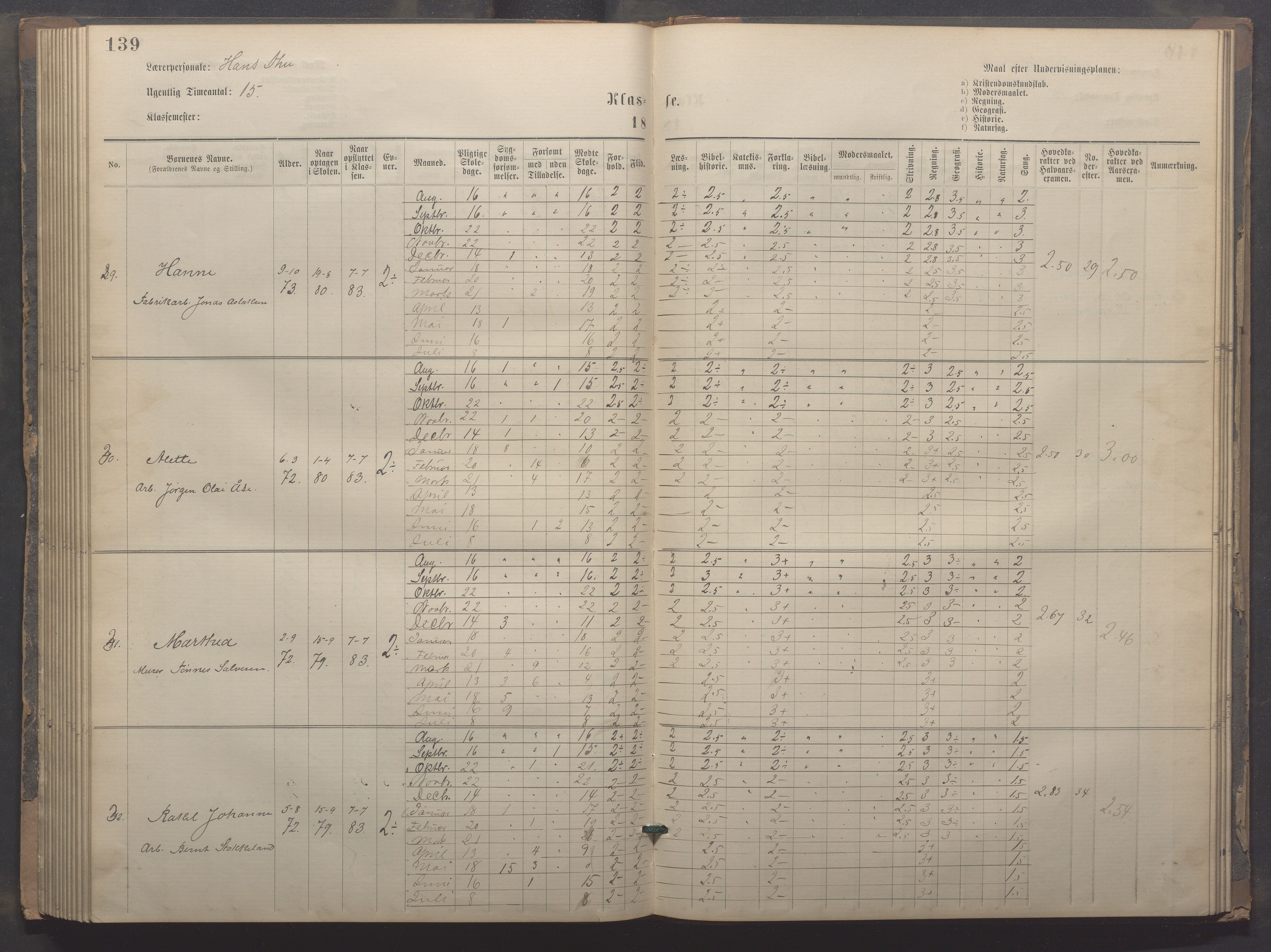 Egersund kommune (Ladested) - Egersund almueskole/folkeskole, IKAR/K-100521/H/L0020: Skoleprotokoll - Almueskolen, 3./4. klasse, 1878-1887, p. 139