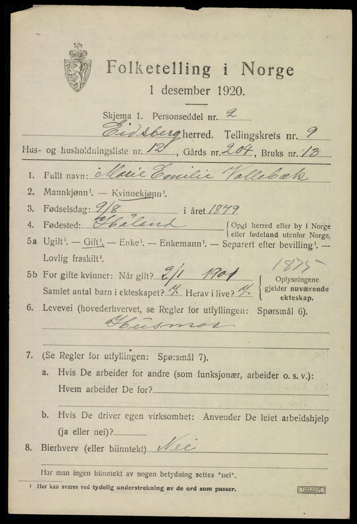 SAO, 1920 census for Eidsberg, 1920, p. 10587