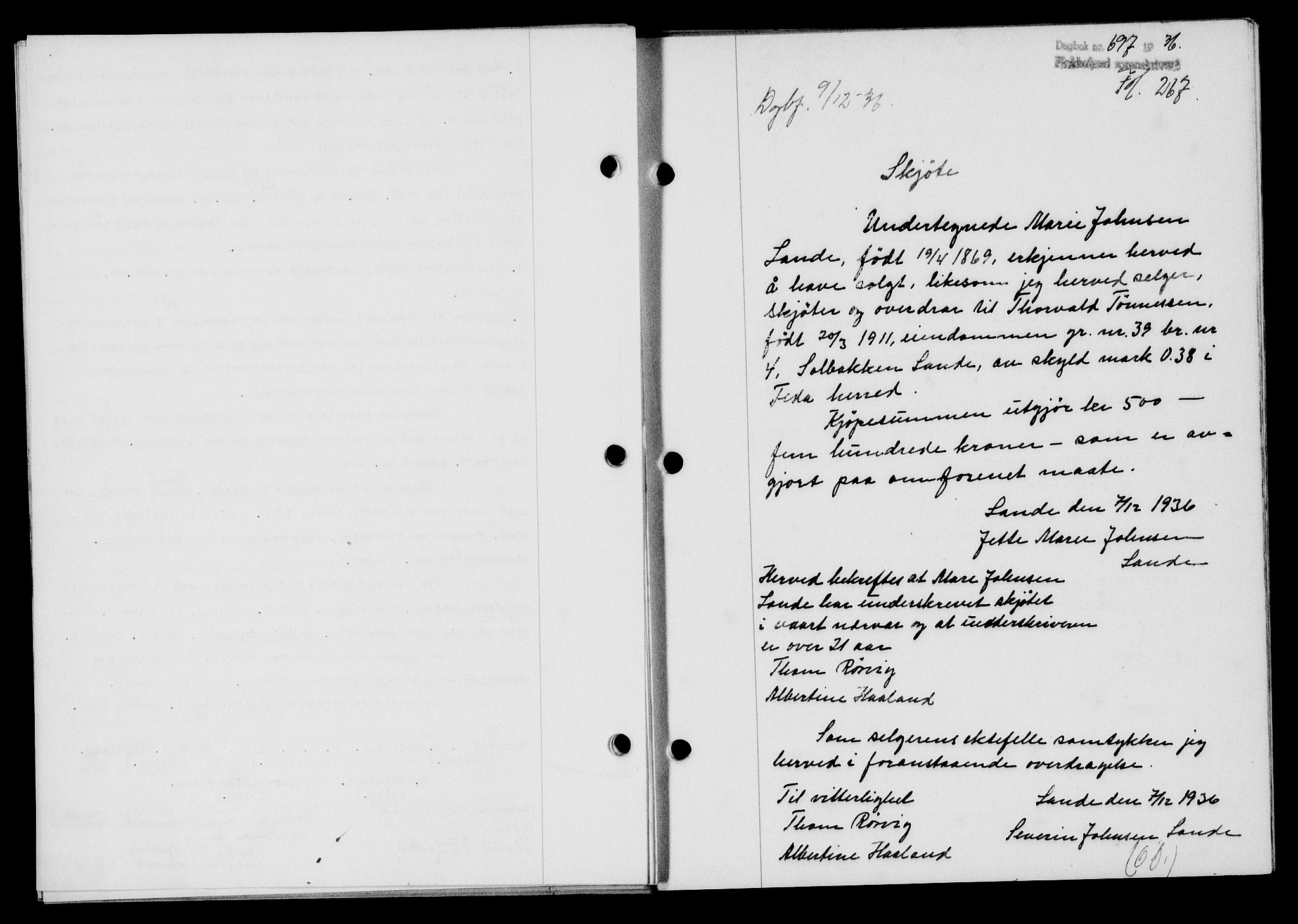 Flekkefjord sorenskriveri, SAK/1221-0001/G/Gb/Gba/L0053: Mortgage book no. A-1, 1936-1937, Diary no: : 697/1936
