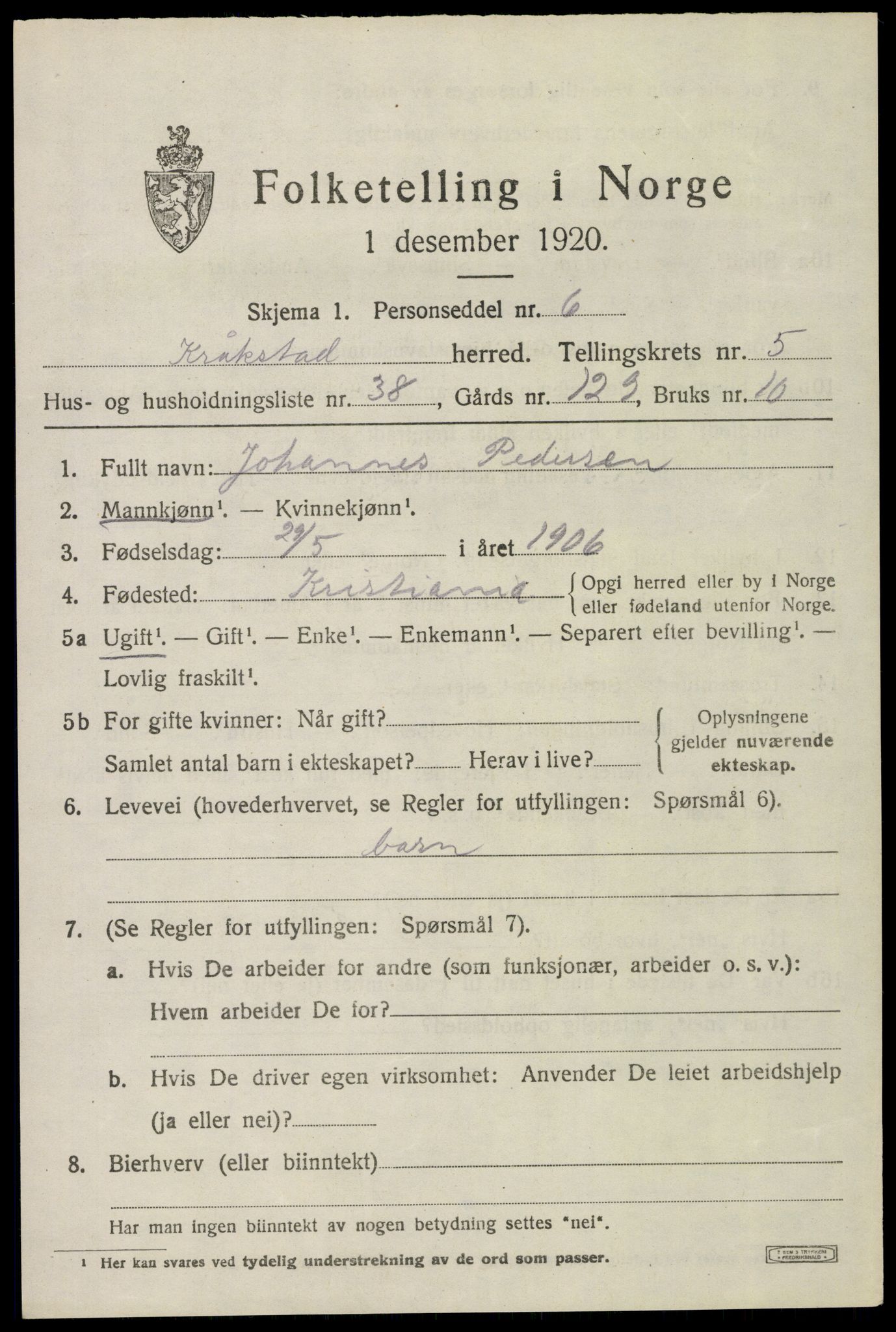 SAO, 1920 census for Kråkstad, 1920, p. 5411