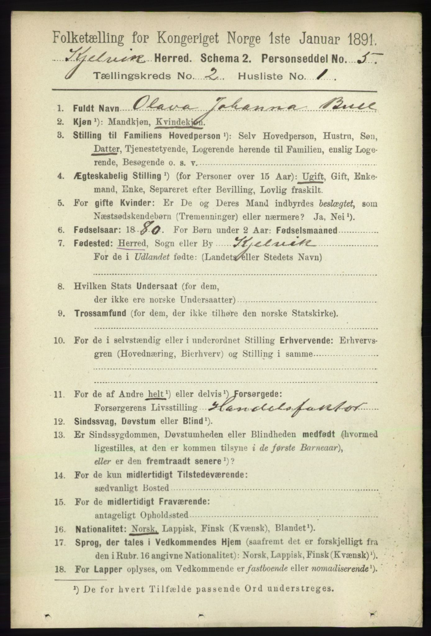 RA, 1891 census for 2019 Kjelvik, 1891, p. 106