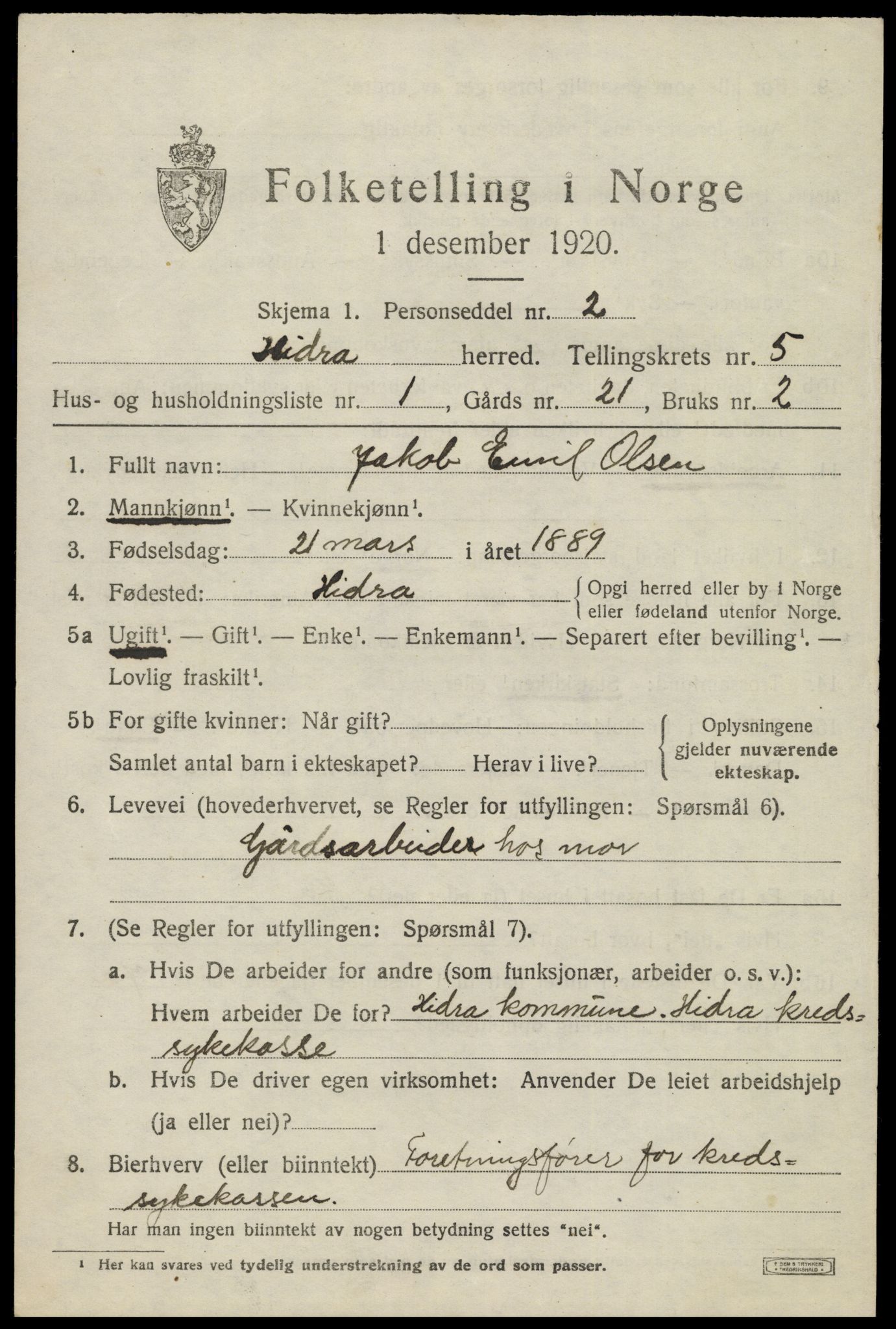 SAK, 1920 census for Hidra, 1920, p. 3510