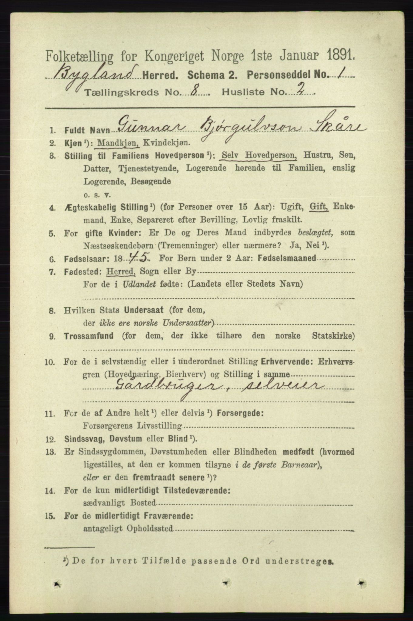 RA, 1891 census for 0938 Bygland, 1891, p. 1919