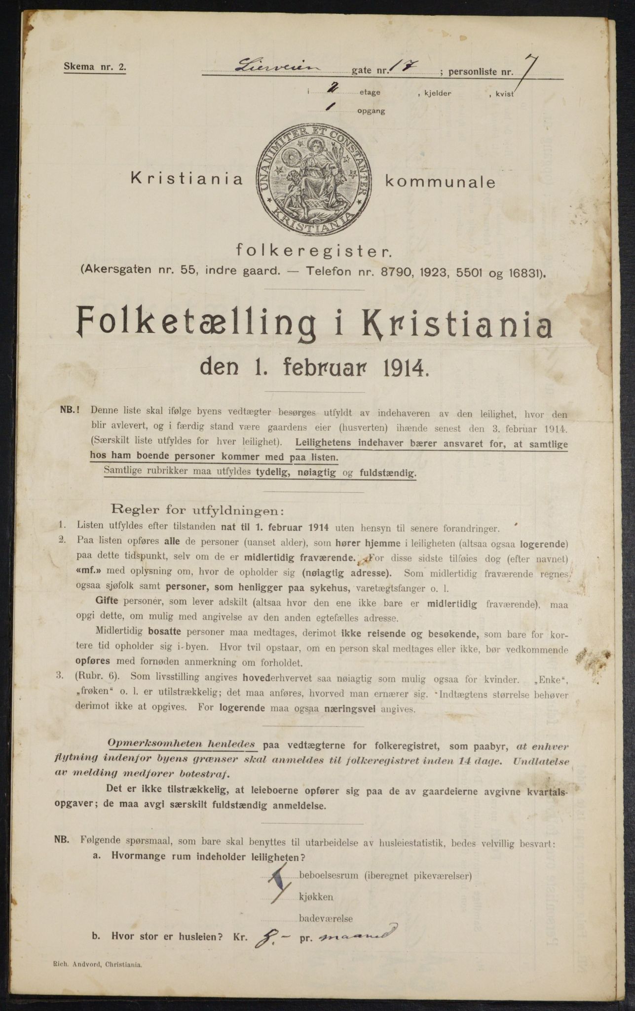 OBA, Municipal Census 1914 for Kristiania, 1914, p. 57444
