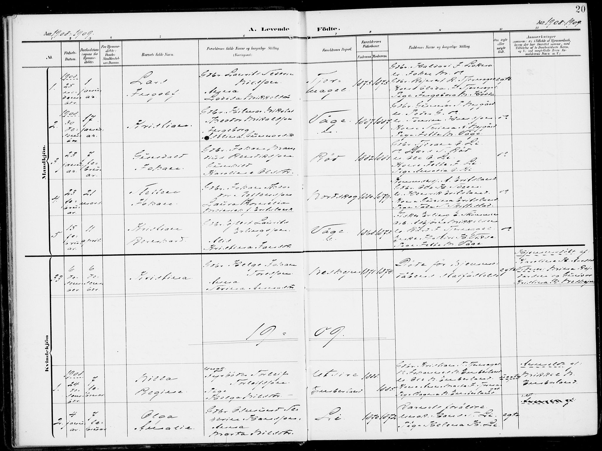 Sveio Sokneprestembete, SAB/A-78501/H/Haa: Parish register (official) no. B  4, 1906-1919, p. 20