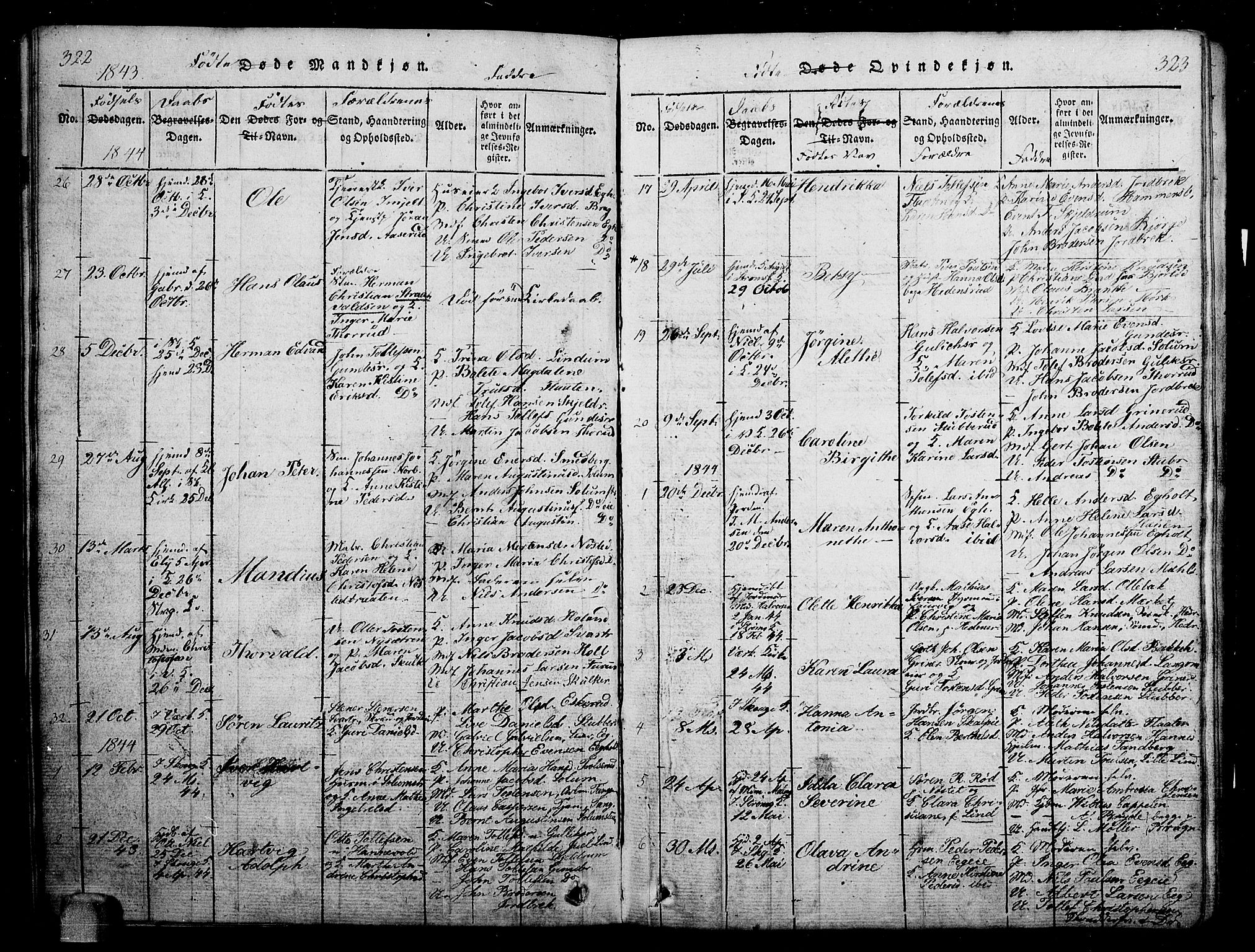 Skoger kirkebøker, AV/SAKO-A-59/G/Ga/L0001: Parish register (copy) no. I 1, 1814-1845, p. 322-323