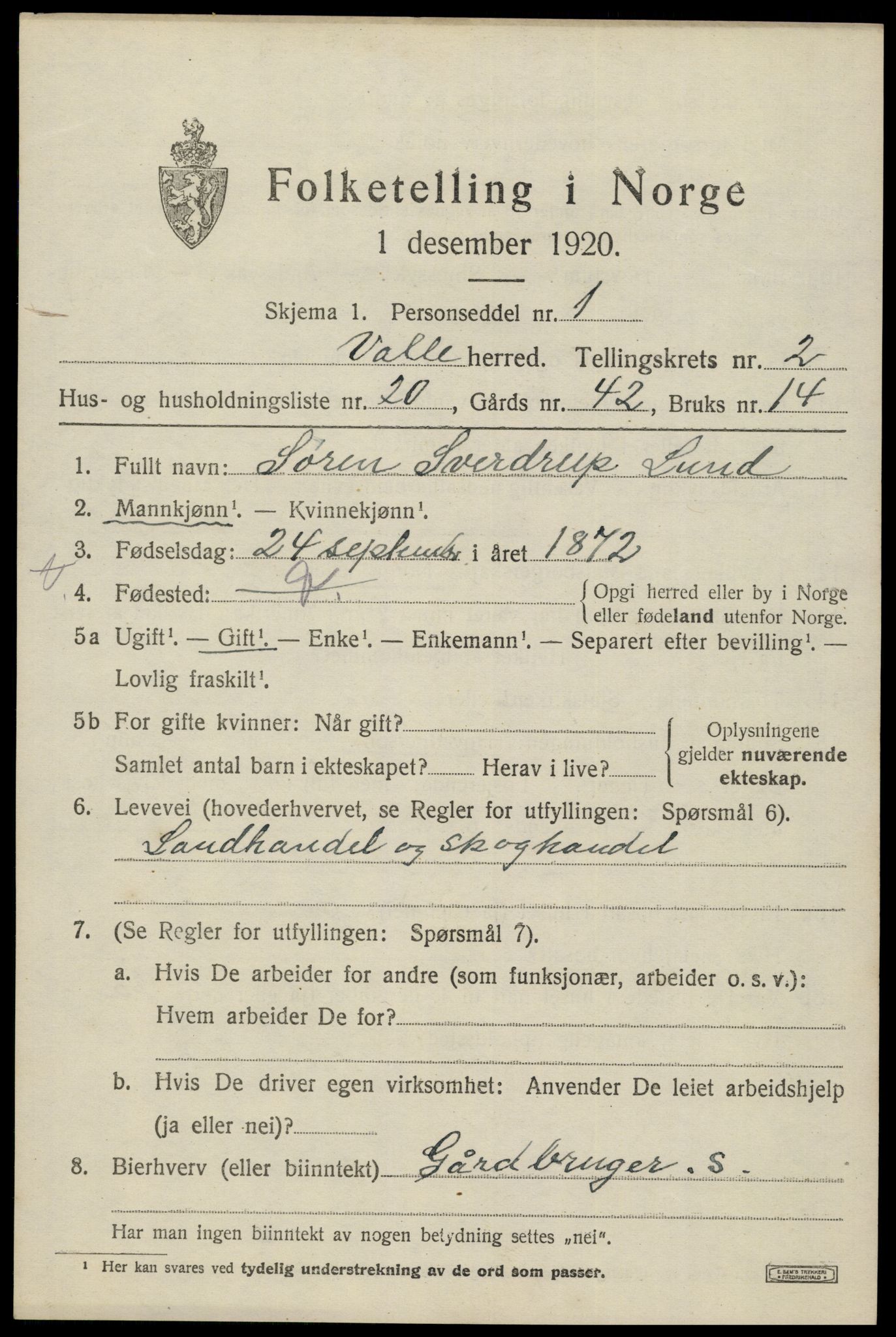 SAK, 1920 census for Valle, 1920, p. 1153