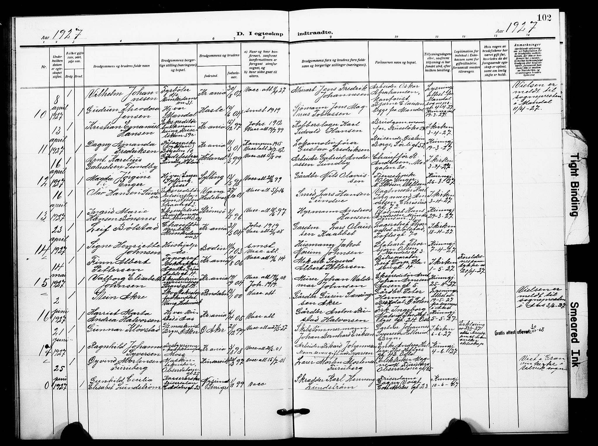 Johannes prestekontor Kirkebøker, SAO/A-10852/F/Fa/L0013: Parish register (official) no. 13, 1919-1930, p. 102