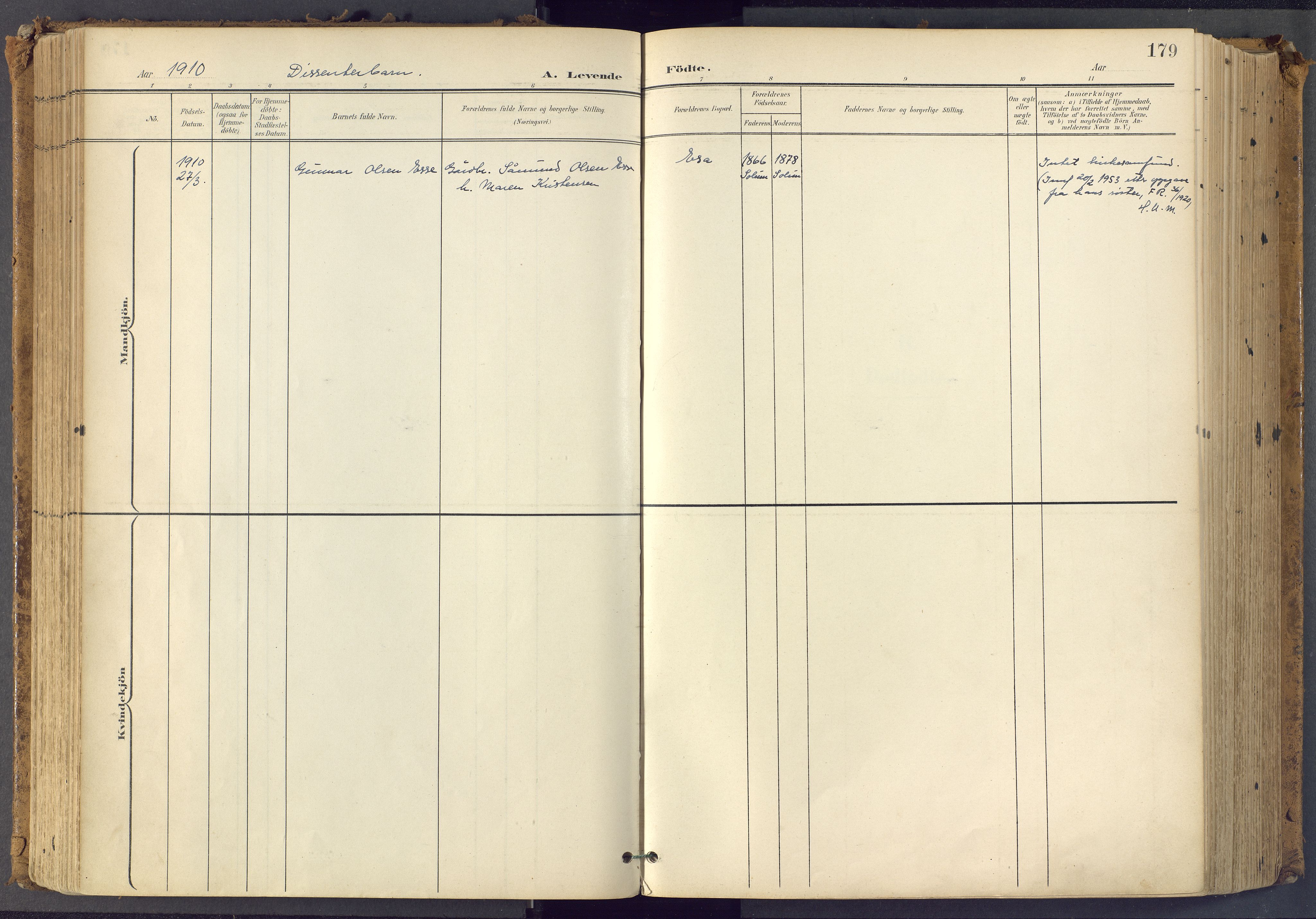 Bamble kirkebøker, SAKO/A-253/F/Fa/L0009: Parish register (official) no. I 9, 1901-1917, p. 179