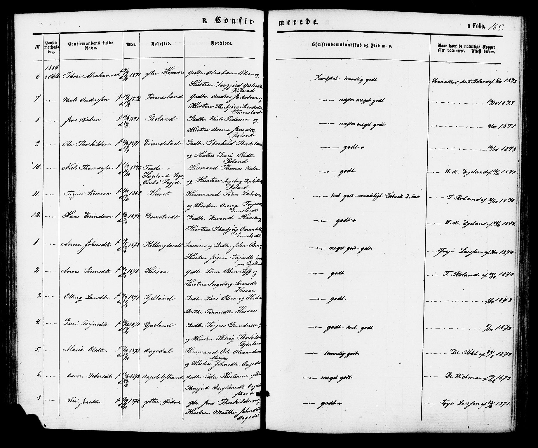 Bjelland sokneprestkontor, SAK/1111-0005/F/Fa/Faa/L0003: Parish register (official) no. A 3, 1867-1887, p. 165