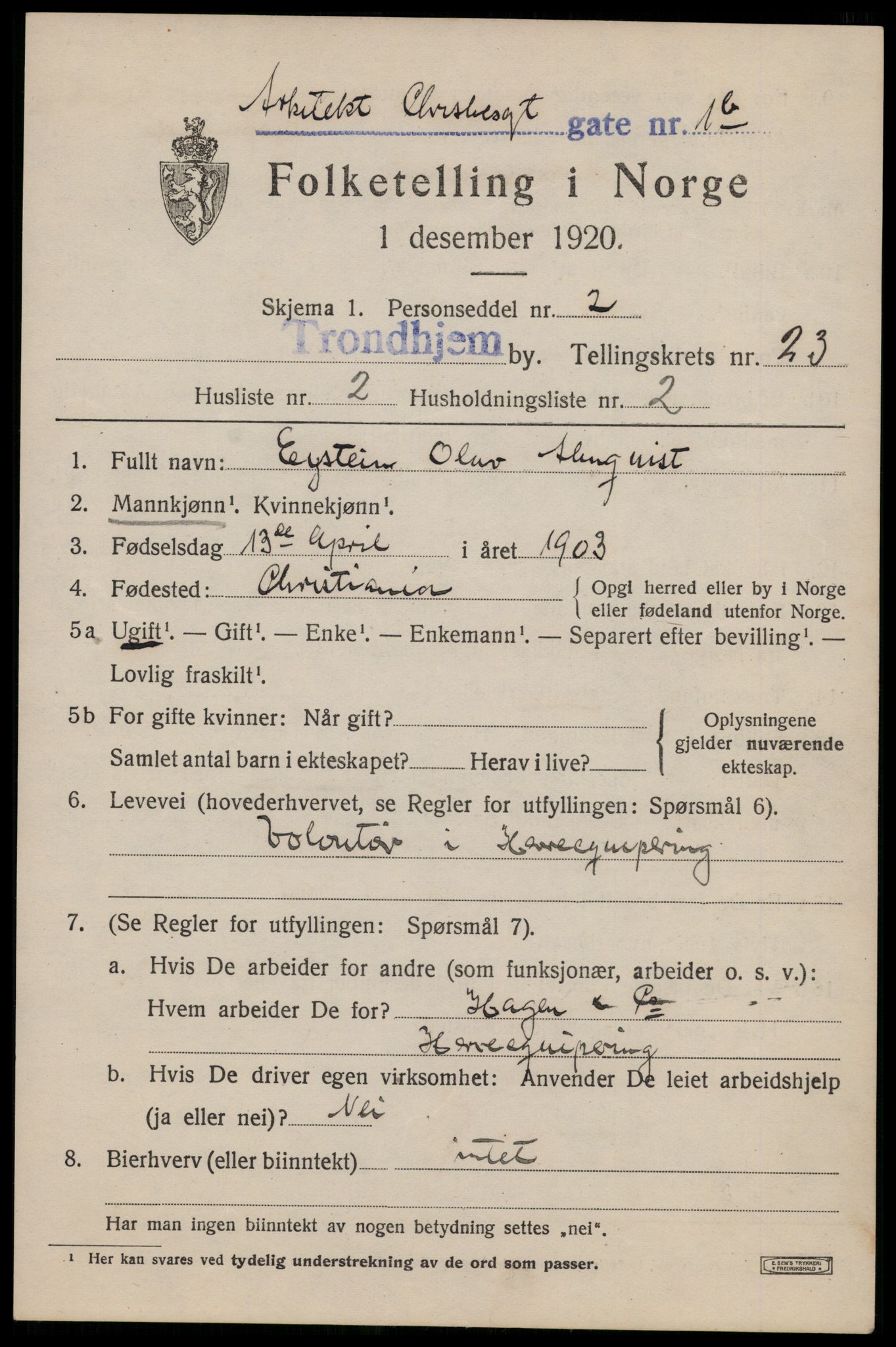 SAT, 1920 census for Trondheim, 1920, p. 63962