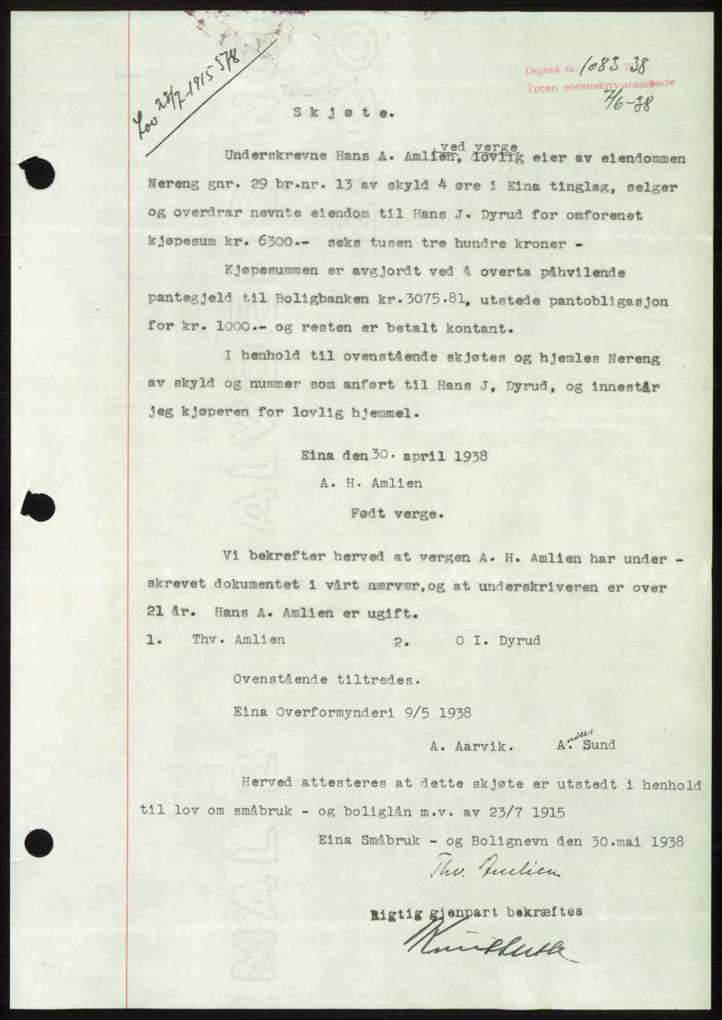 Toten tingrett, SAH/TING-006/H/Hb/Hbc/L0004: Mortgage book no. Hbc-04, 1938-1938, Diary no: : 1083/1938