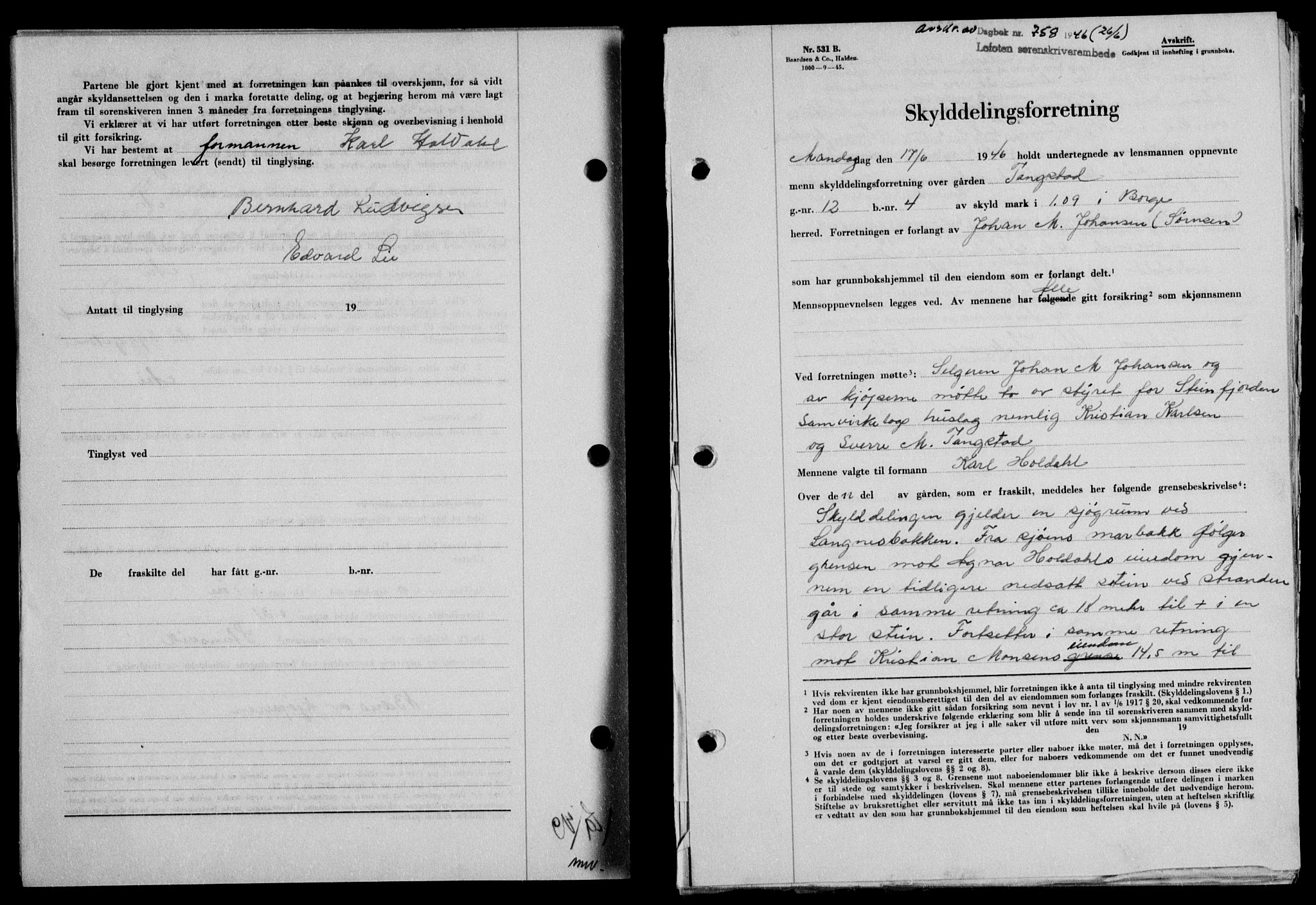Lofoten sorenskriveri, SAT/A-0017/1/2/2C/L0014a: Mortgage book no. 14a, 1946-1946, Diary no: : 758/1946