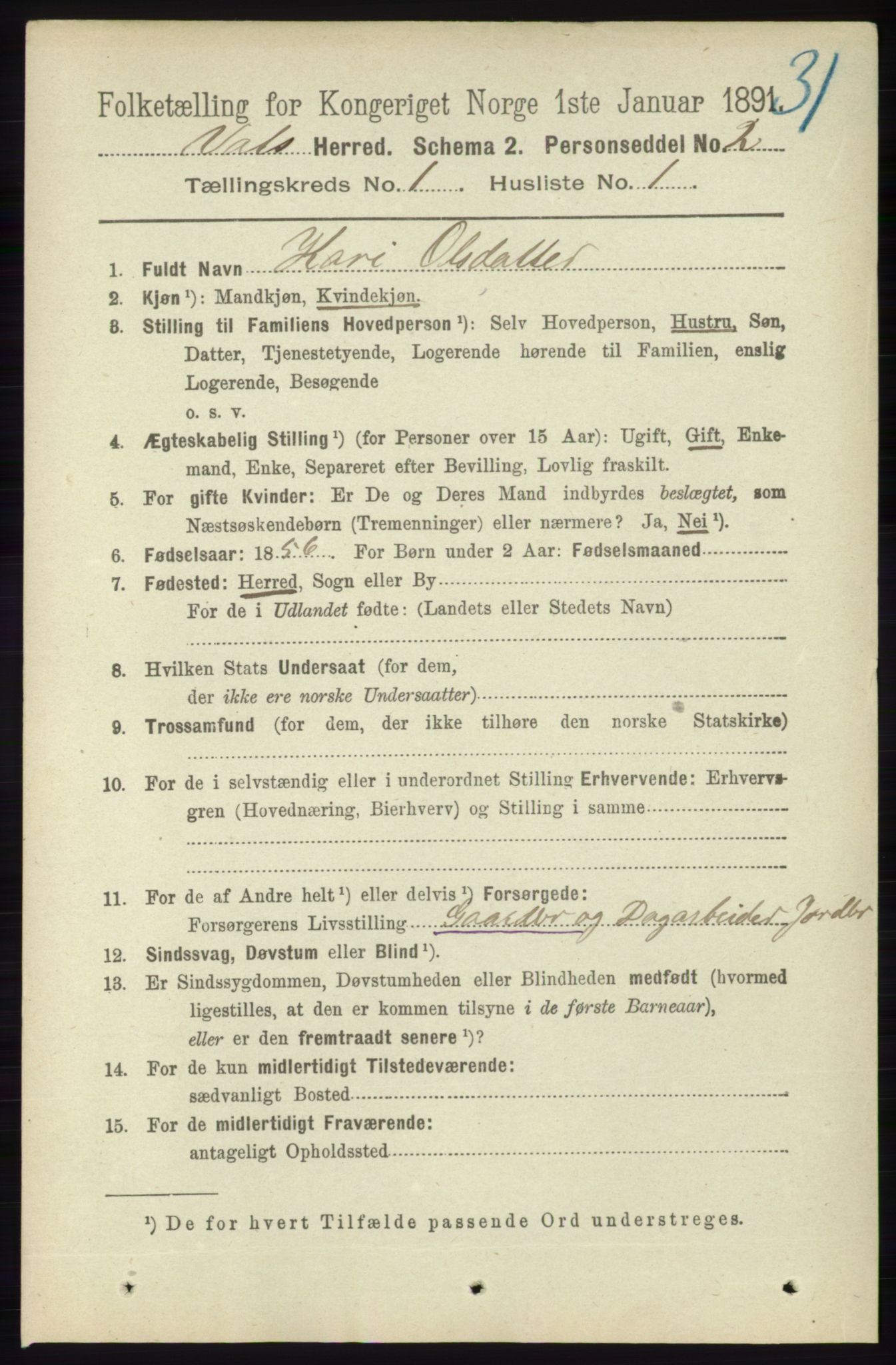 RA, 1891 census for 1155 Vats, 1891, p. 46