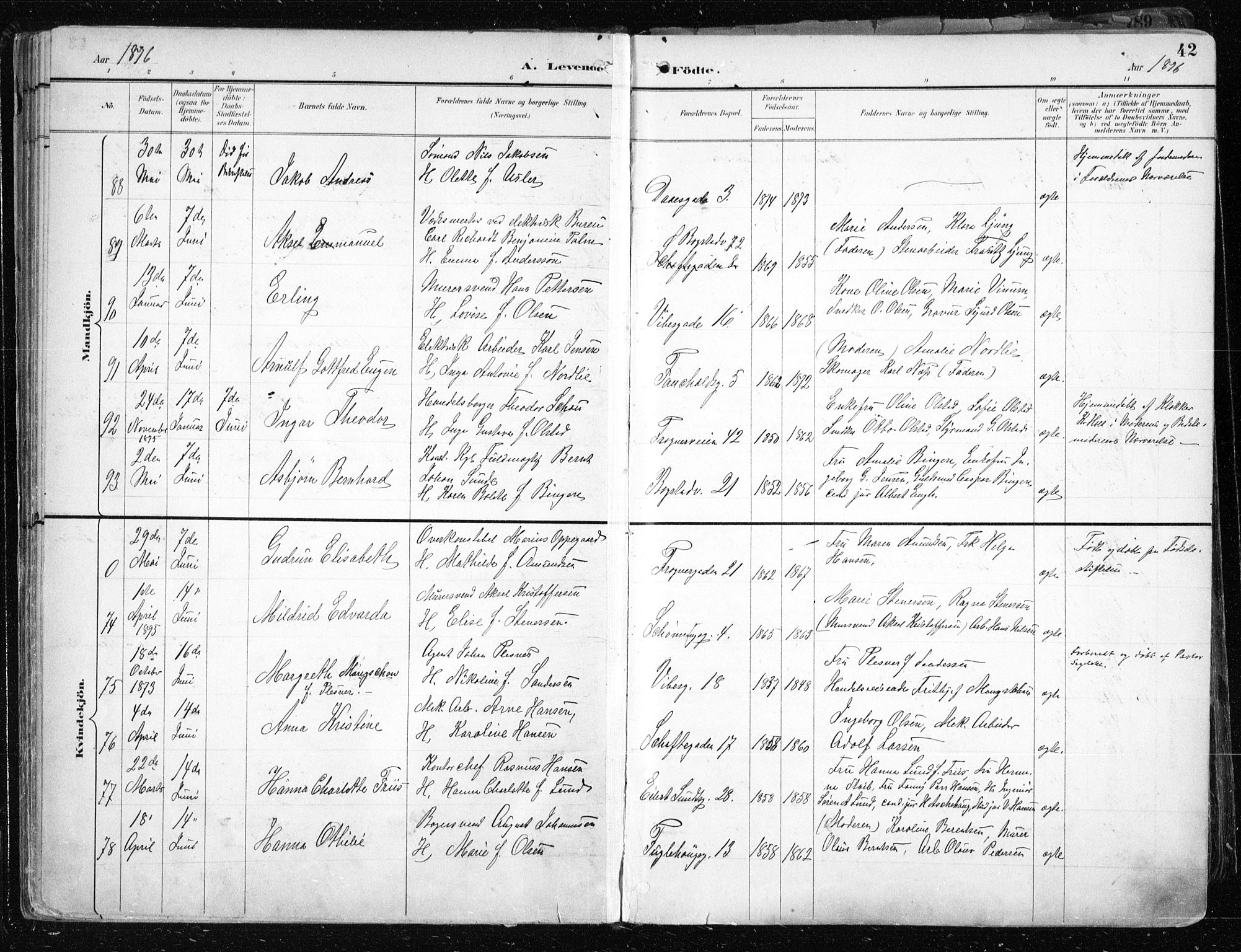 Uranienborg prestekontor Kirkebøker, SAO/A-10877/F/Fa/L0005: Parish register (official) no. 5, 1895-1907, p. 42