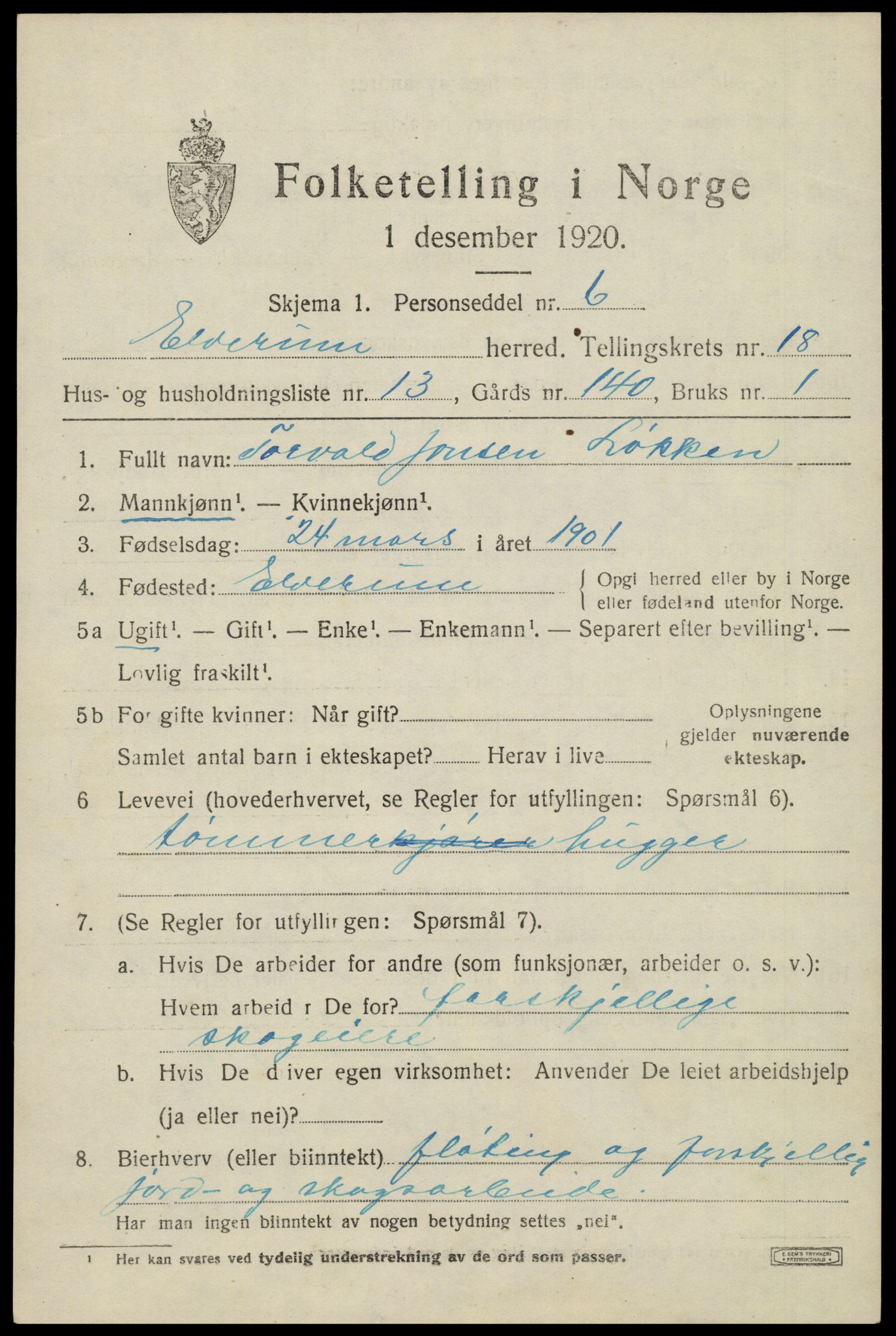 SAH, 1920 census for Elverum, 1920, p. 22222