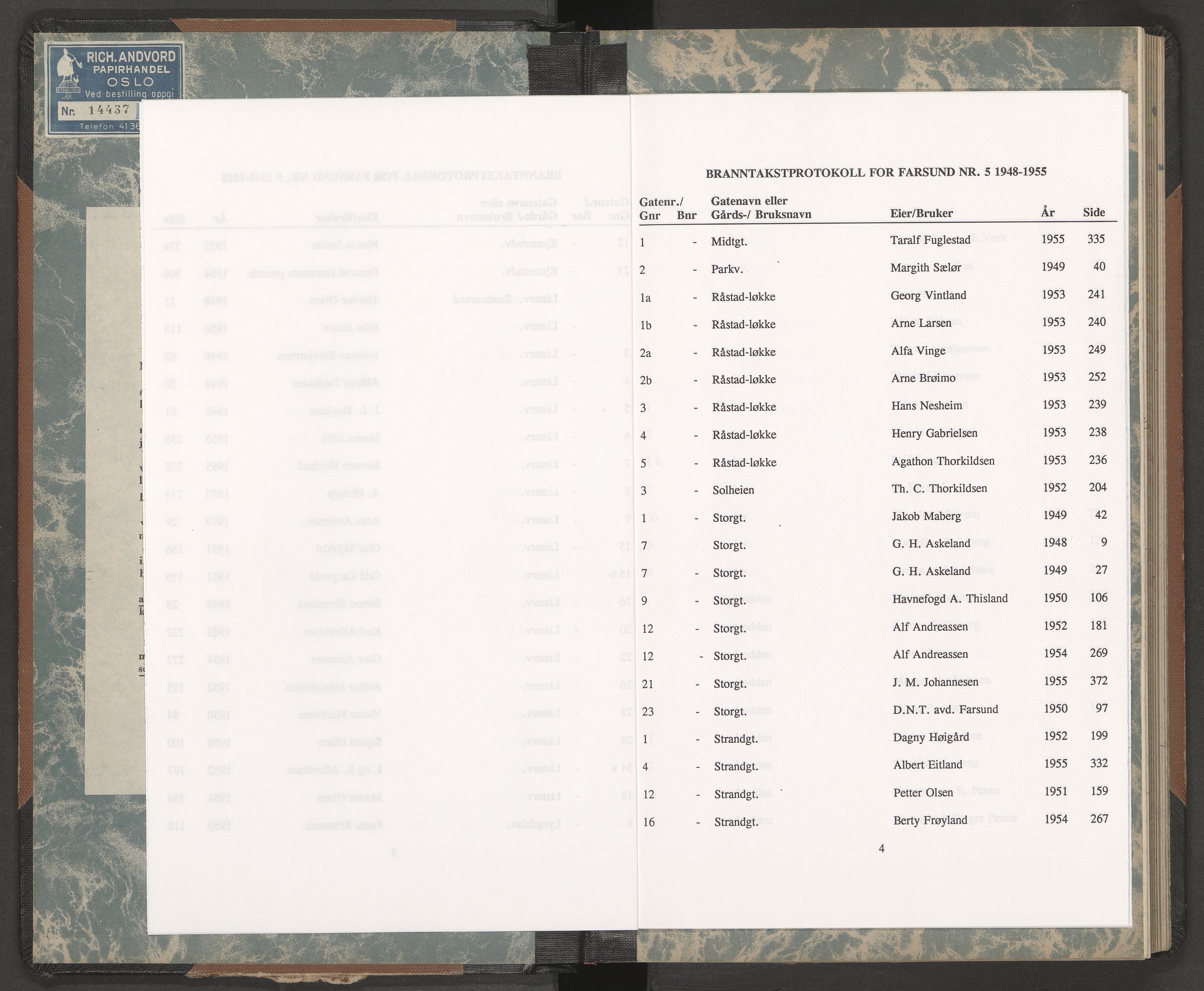 Norges Brannkasse Farsund, AV/SAK-2241-0011/F/Fa/L0004: Branntakstprotokoll nr. 5 med gatenavnsregister og gårdsnavnregister, 1948-1955