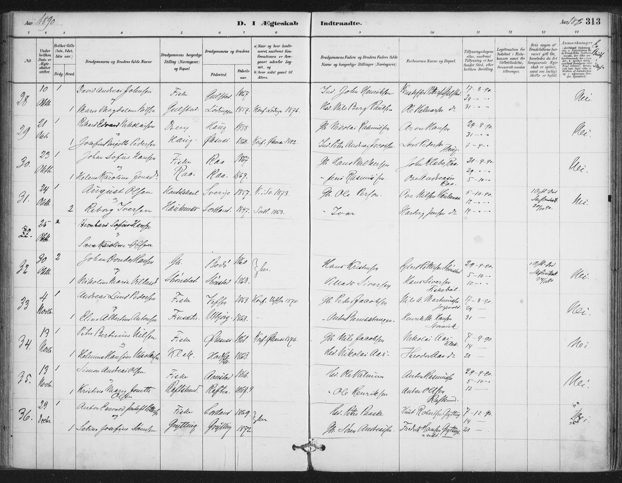 Ministerialprotokoller, klokkerbøker og fødselsregistre - Nordland, AV/SAT-A-1459/888/L1244: Parish register (official) no. 888A10, 1880-1890, p. 313