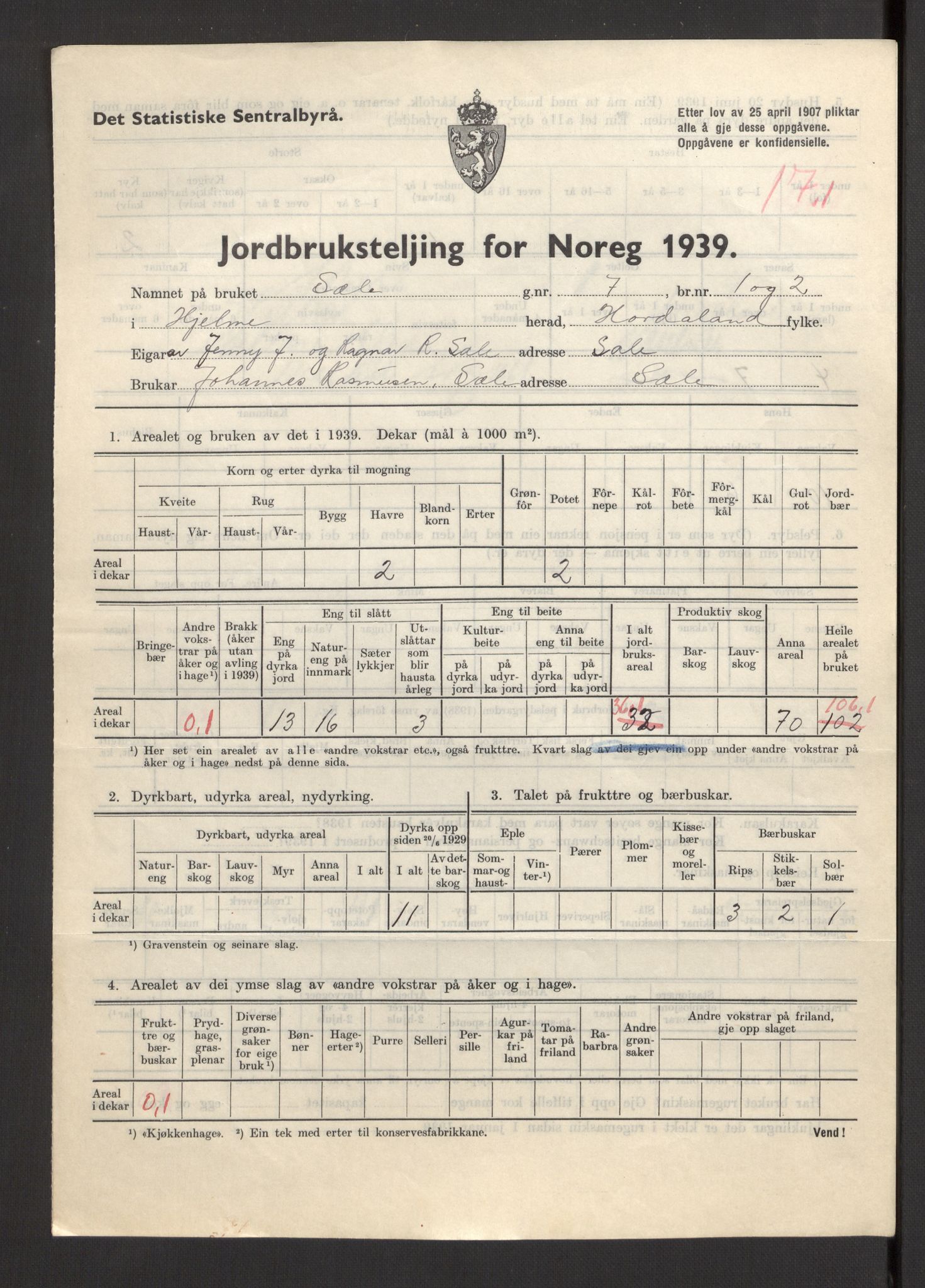 Statistisk sentralbyrå, Næringsøkonomiske emner, Jordbruk, skogbruk, jakt, fiske og fangst, AV/RA-S-2234/G/Gb/L0211: Hordaland: Herdla, Hjelme og Manger, 1939, p. 1395