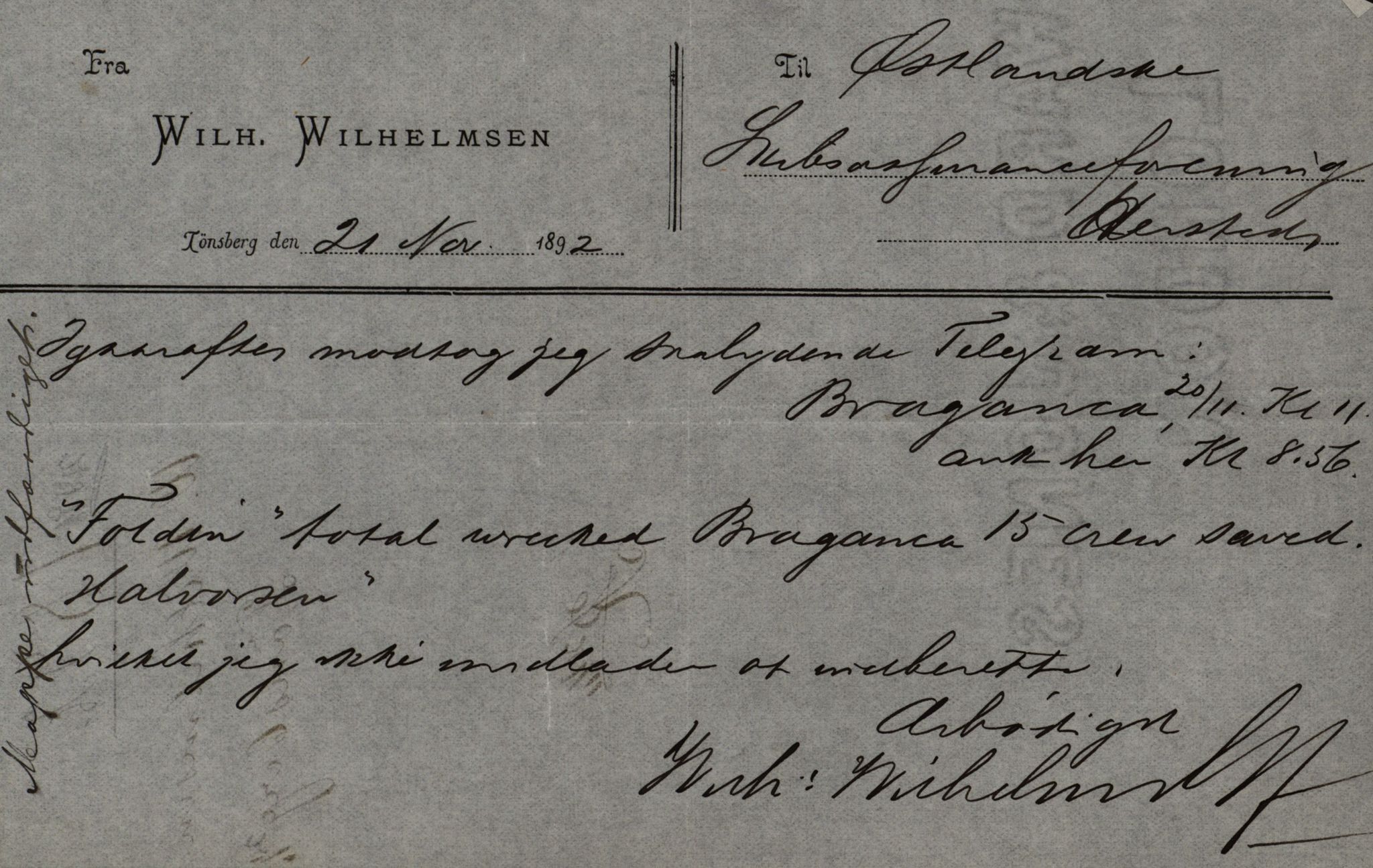 Pa 63 - Østlandske skibsassuranceforening, VEMU/A-1079/G/Ga/L0029/0007: Havaridokumenter / Diamant, Foldin, Aise, Florida, Flora, 1892, p. 92