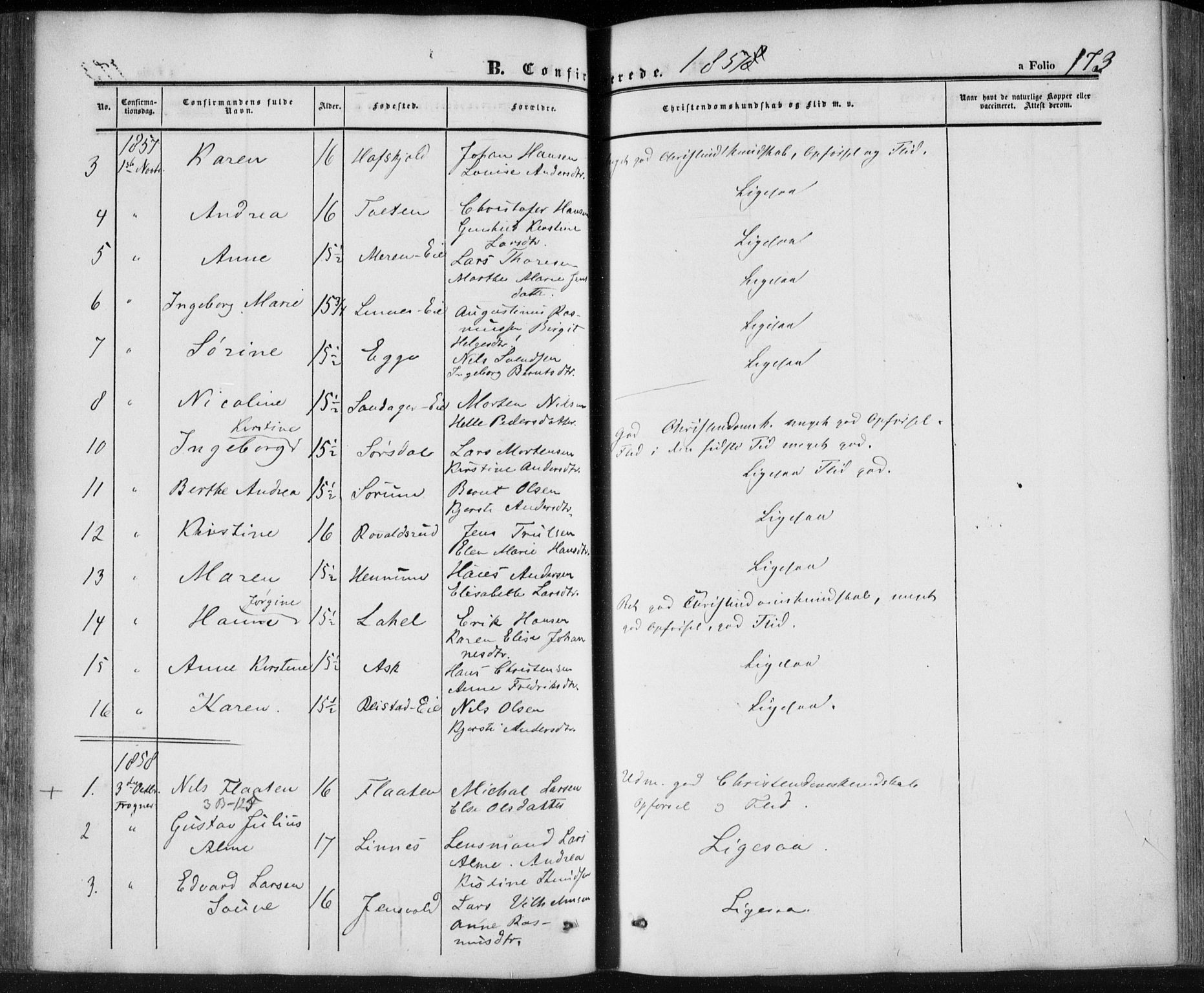 Lier kirkebøker, AV/SAKO-A-230/F/Fa/L0012: Parish register (official) no. I 12, 1854-1864, p. 173