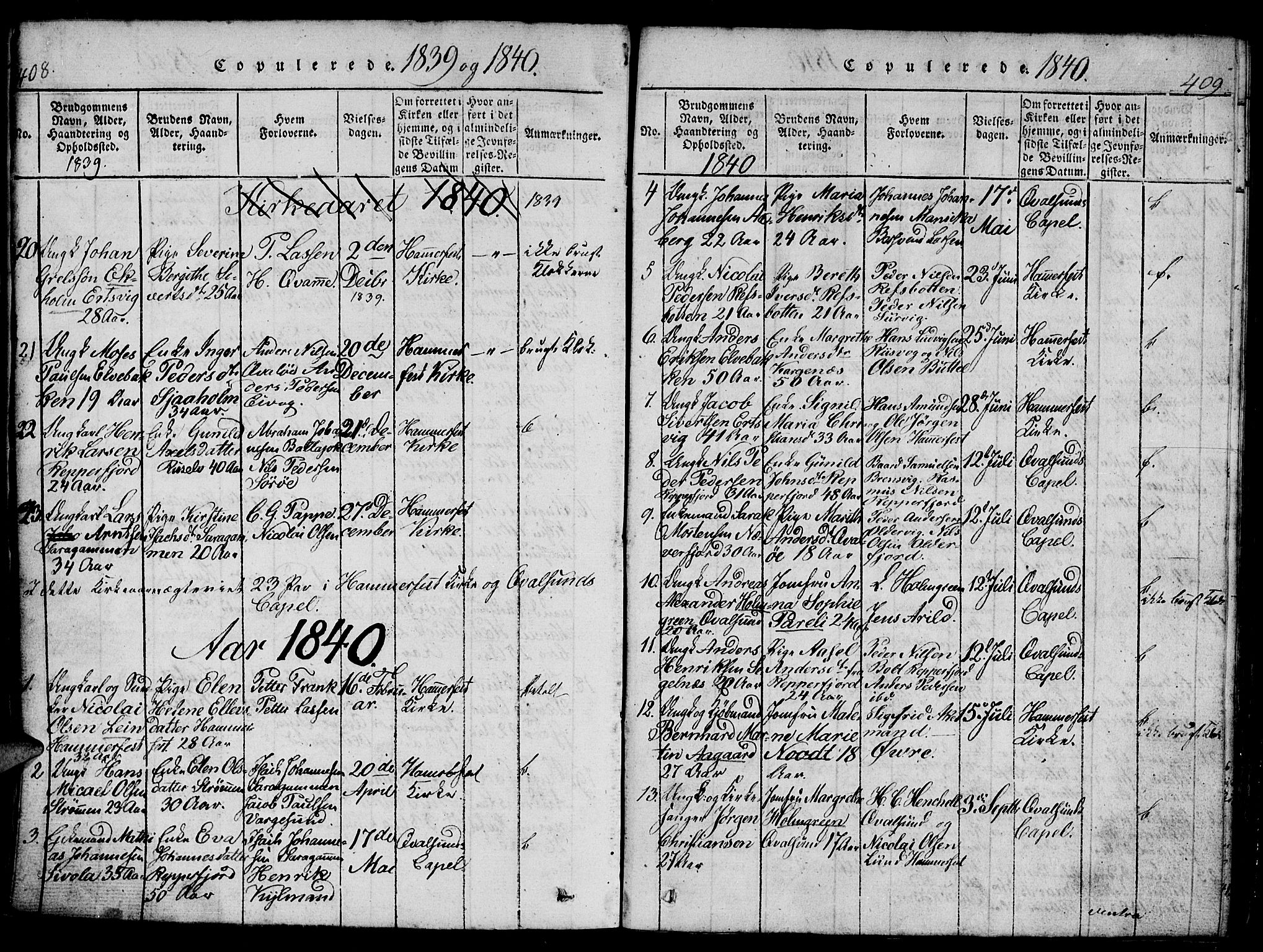 Hammerfest sokneprestkontor, SATØ/S-1347/H/Hb/L0001.klokk: Parish register (copy) no. 1, 1822-1850, p. 408-409