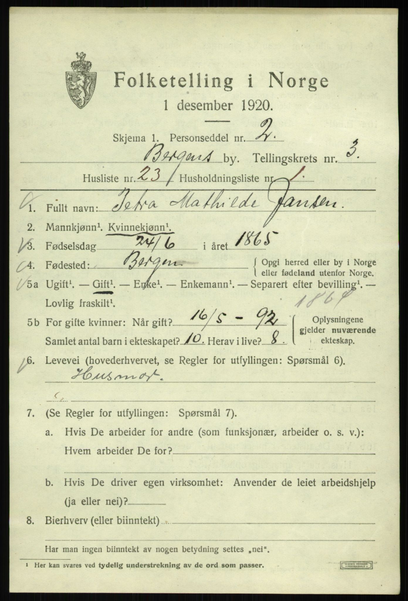 SAB, 1920 census for Bergen, 1920, p. 62123