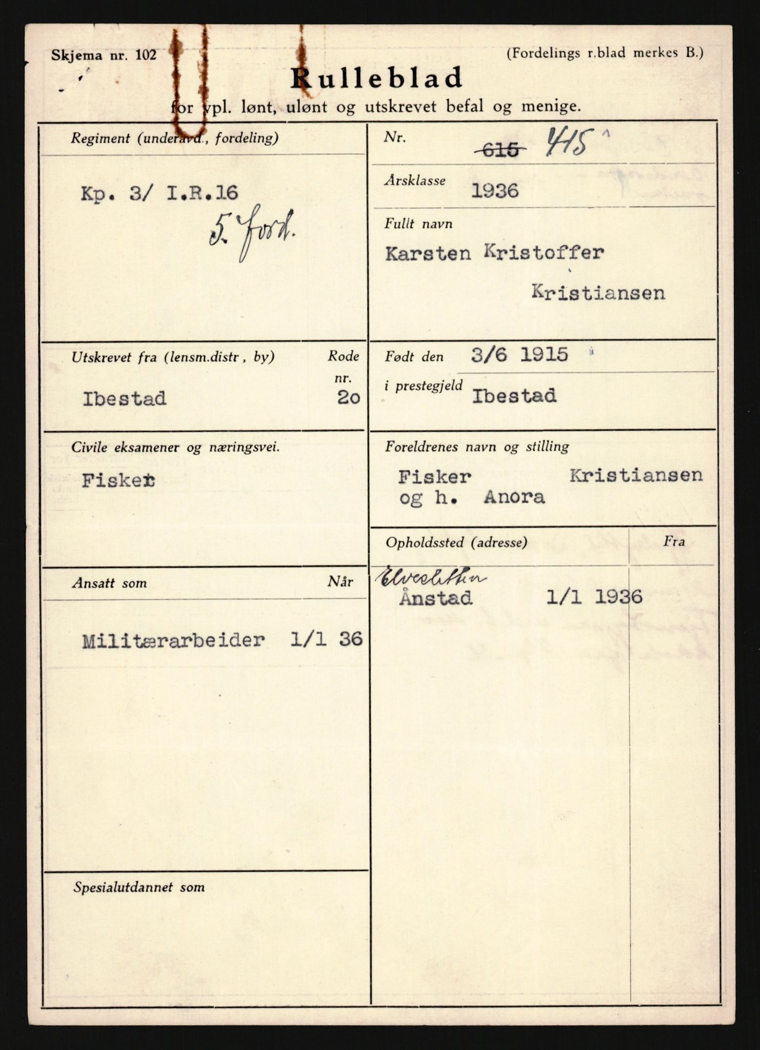 Forsvaret, Troms infanteriregiment nr. 16, AV/RA-RAFA-3146/P/Pa/L0020: Rulleblad for regimentets menige mannskaper, årsklasse 1936, 1936, p. 711